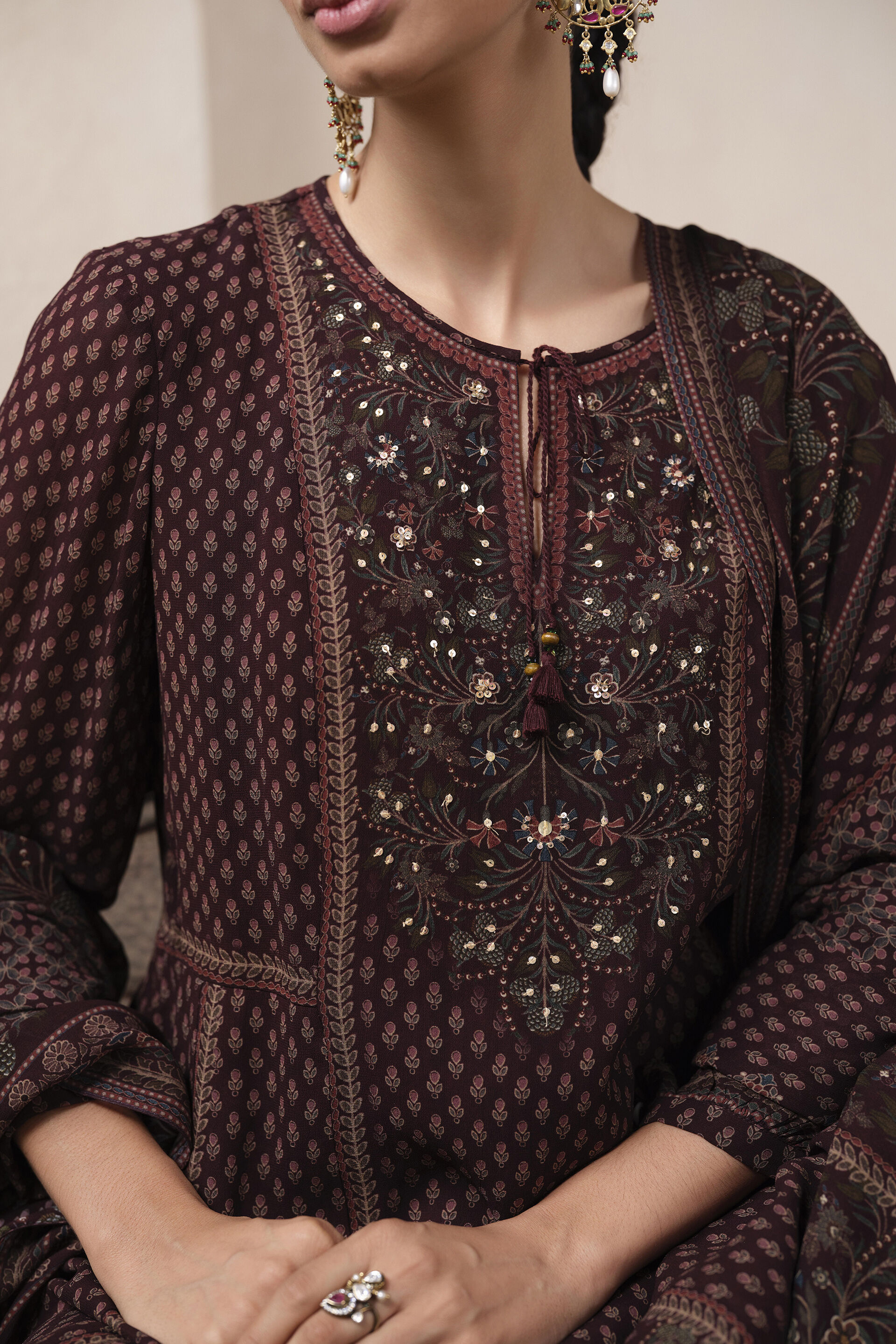 Diya Printed Suit Set in Wine, Wine, image 4