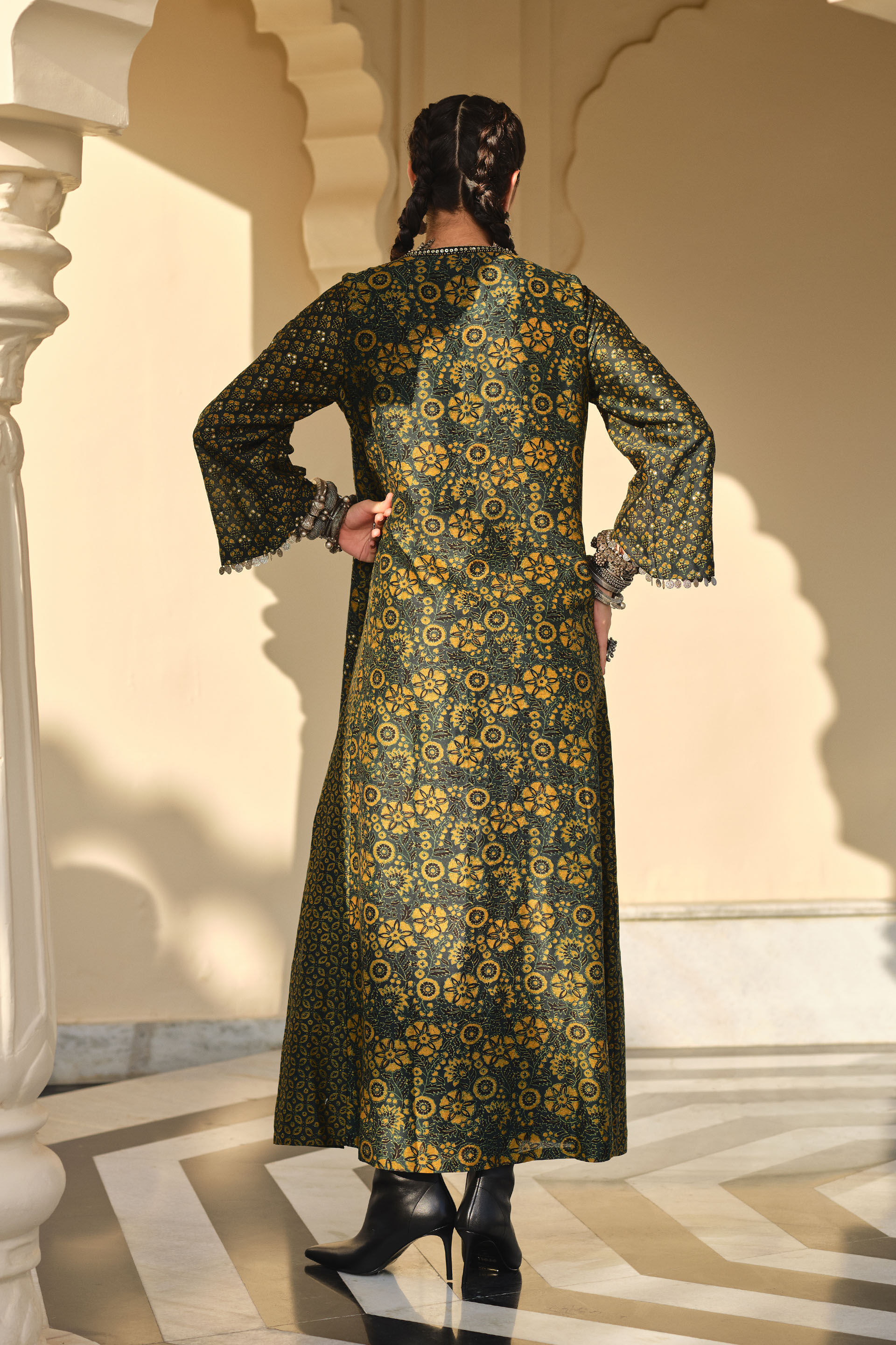 Dreamer Blue Mirror Embroidered Ajrakh Kaftan