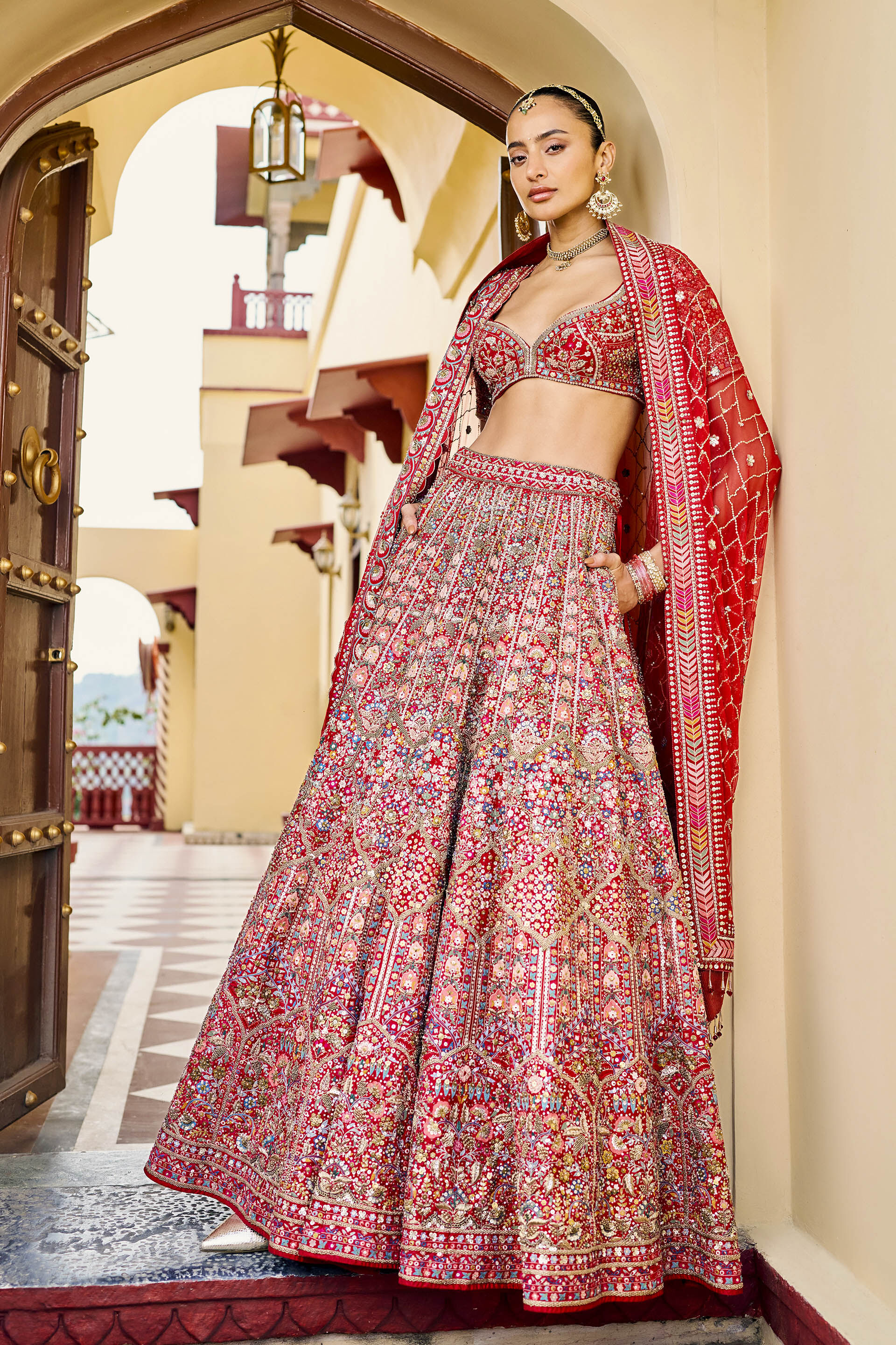 Embrace Embroidered Zardozi Silk Lehenga Set - ​Red