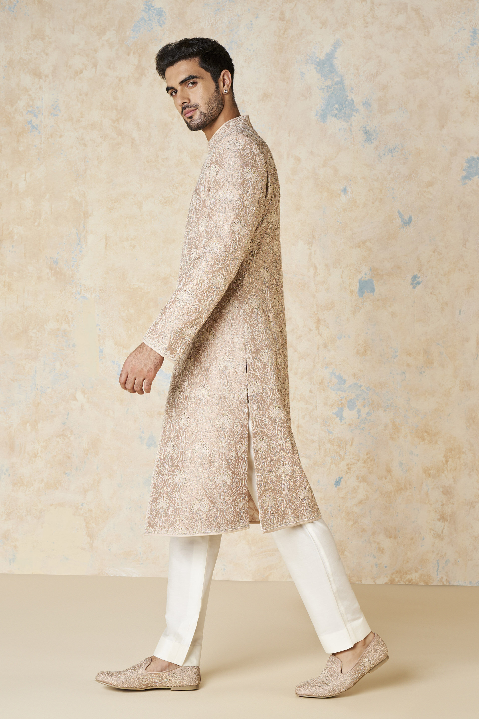 Ikshaan Embroidered Cord Silk Sherwani - Salmon, Salmon, image 4