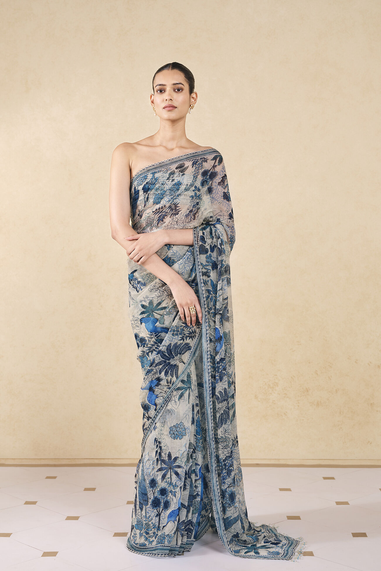 Turaya Printed Bemberg Saree - Grey, Beige, image 1