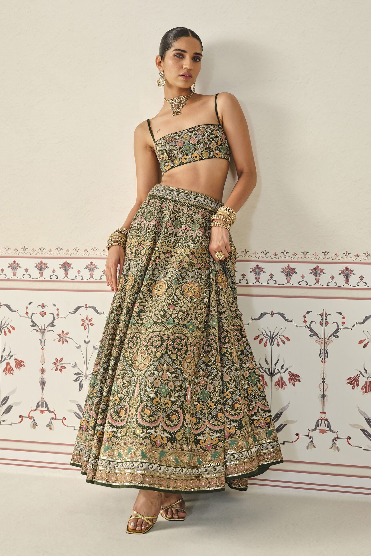 Yiska Embroidered Silk Lehenga Set - Green, Green, image 3