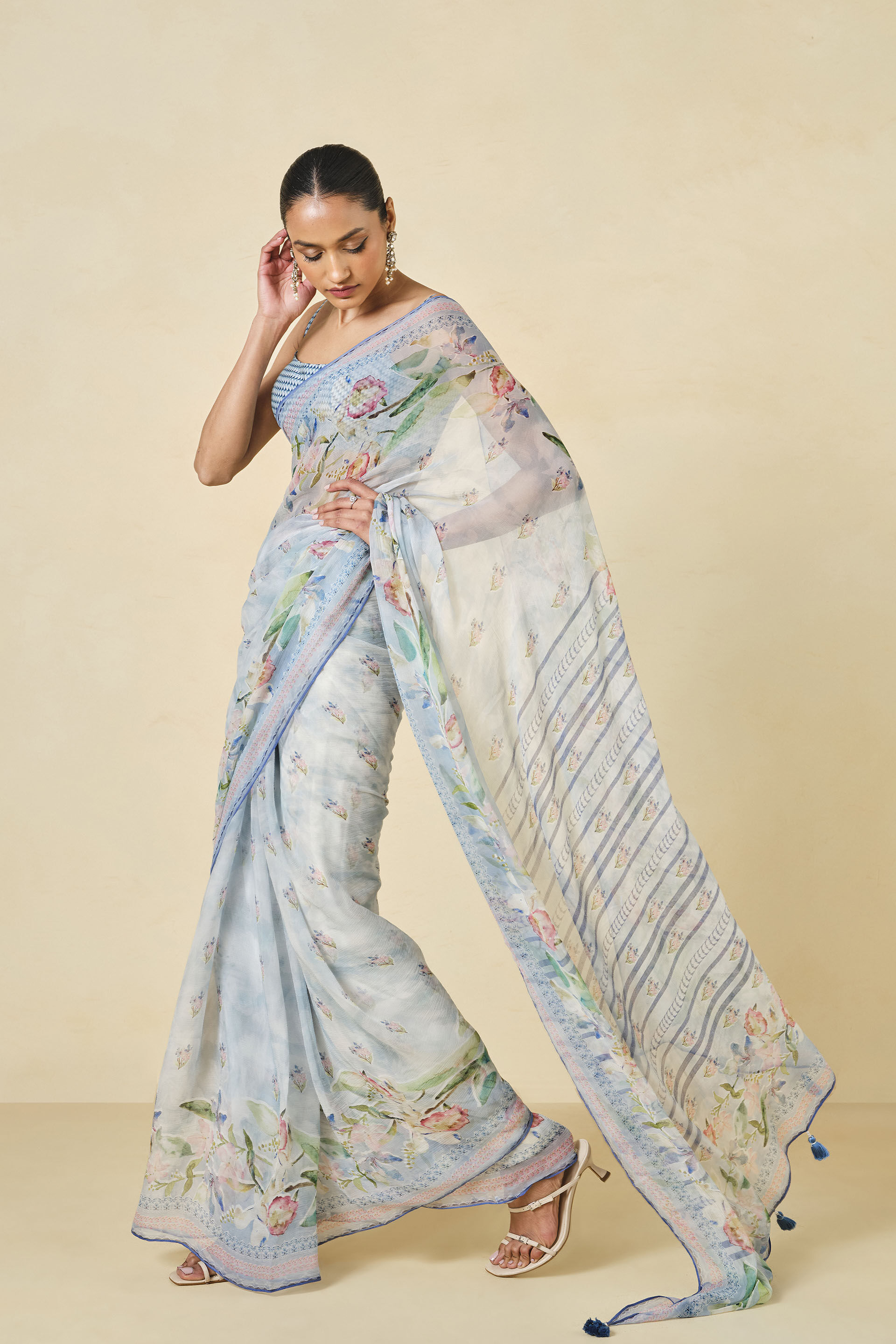 Dayflower Chiffon Saree - Blue, Blue, image 2