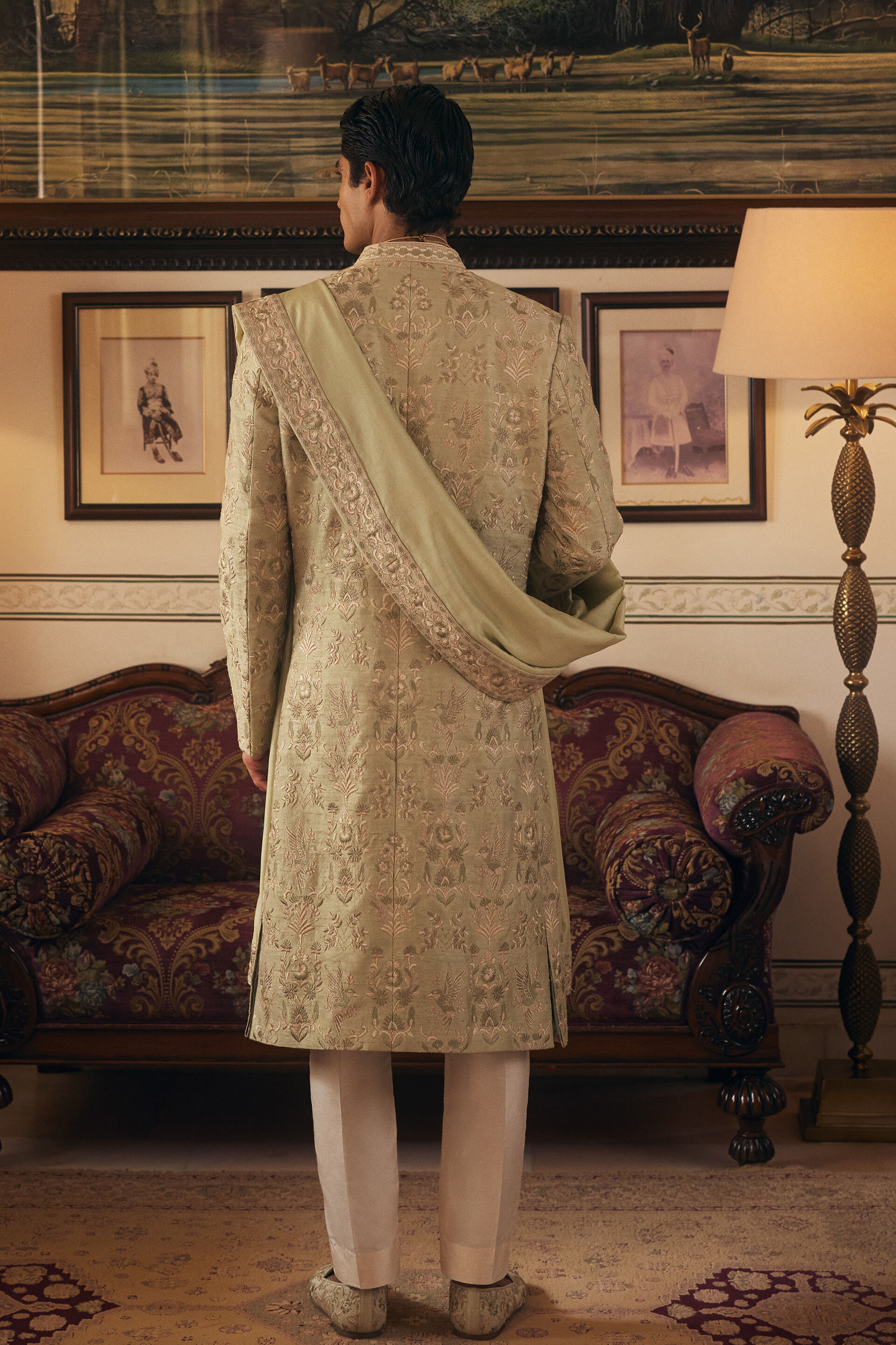 Kshiraj Embroidered Silk Sherwani - Sage