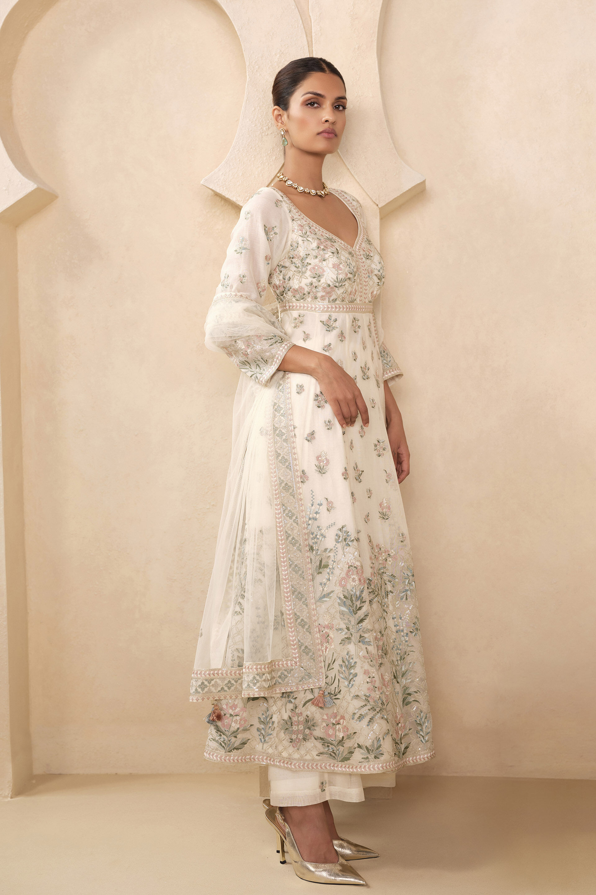 Zohra Embroidered Mul Anarkali Suit Set -  Ivory, Ivory, image 3