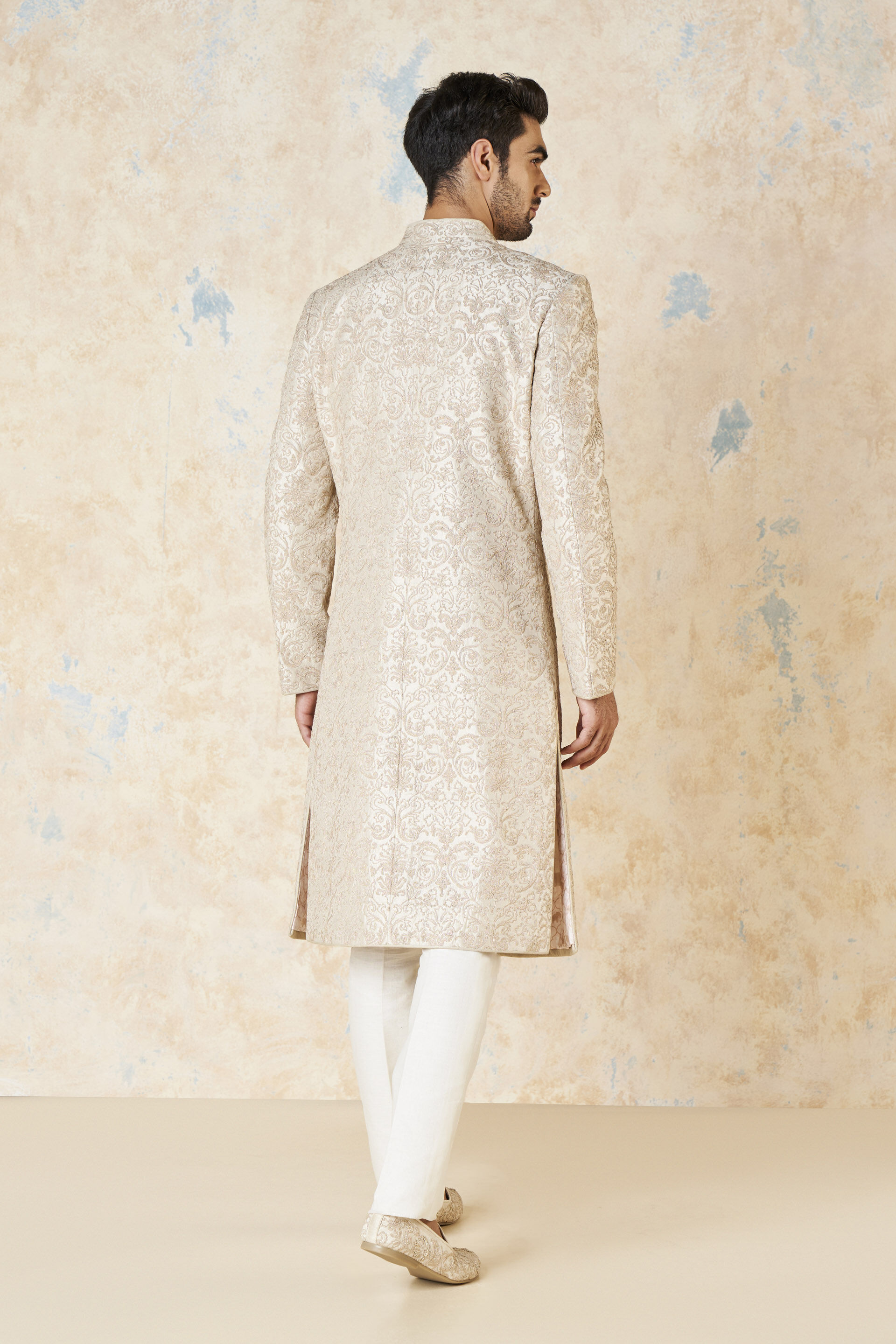 Vehant Embroidered Cord Silk Sherwani - Ivory, Ivory, image 3