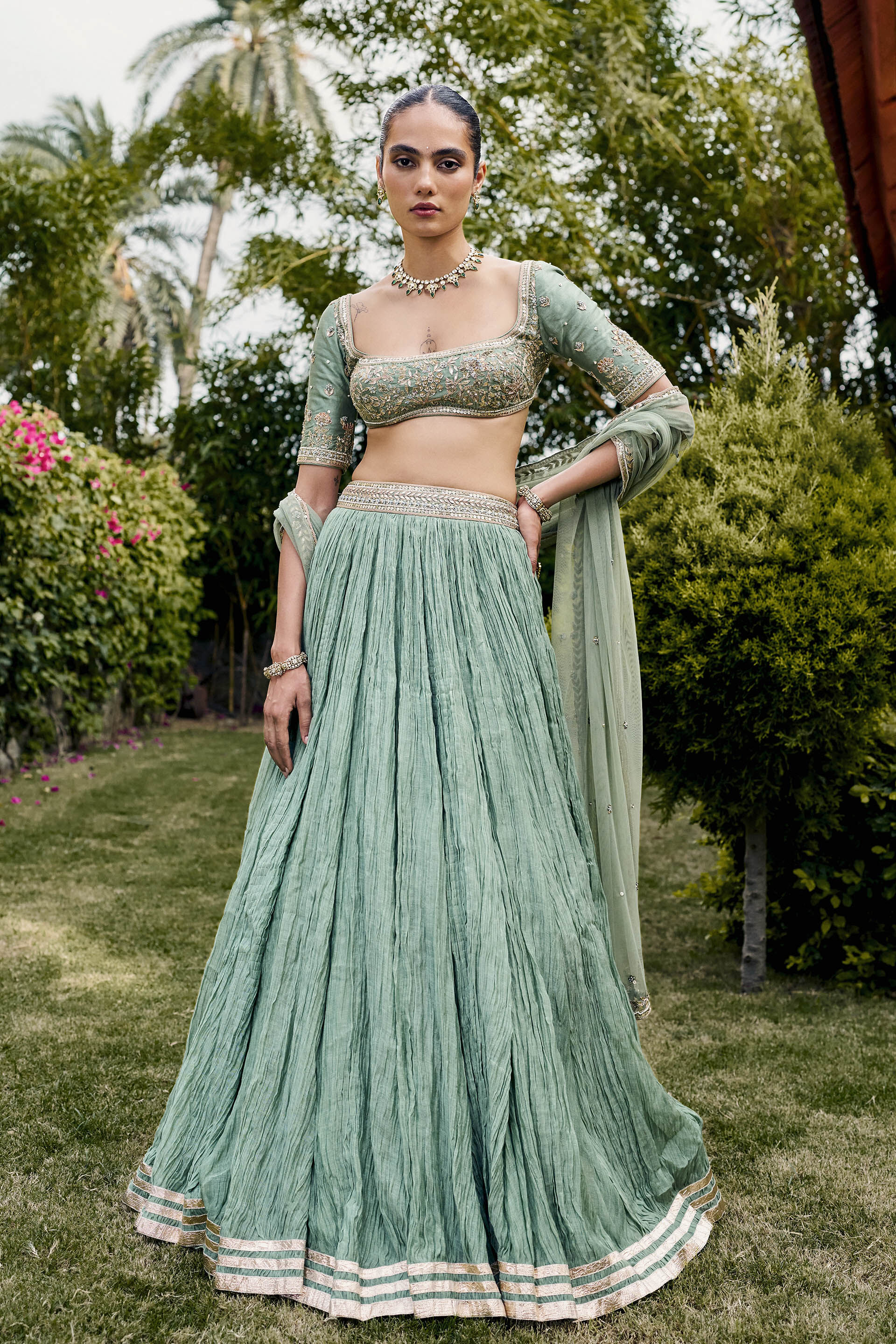 Homeland Gota Patti Mul Lehenga Set - ​Sage