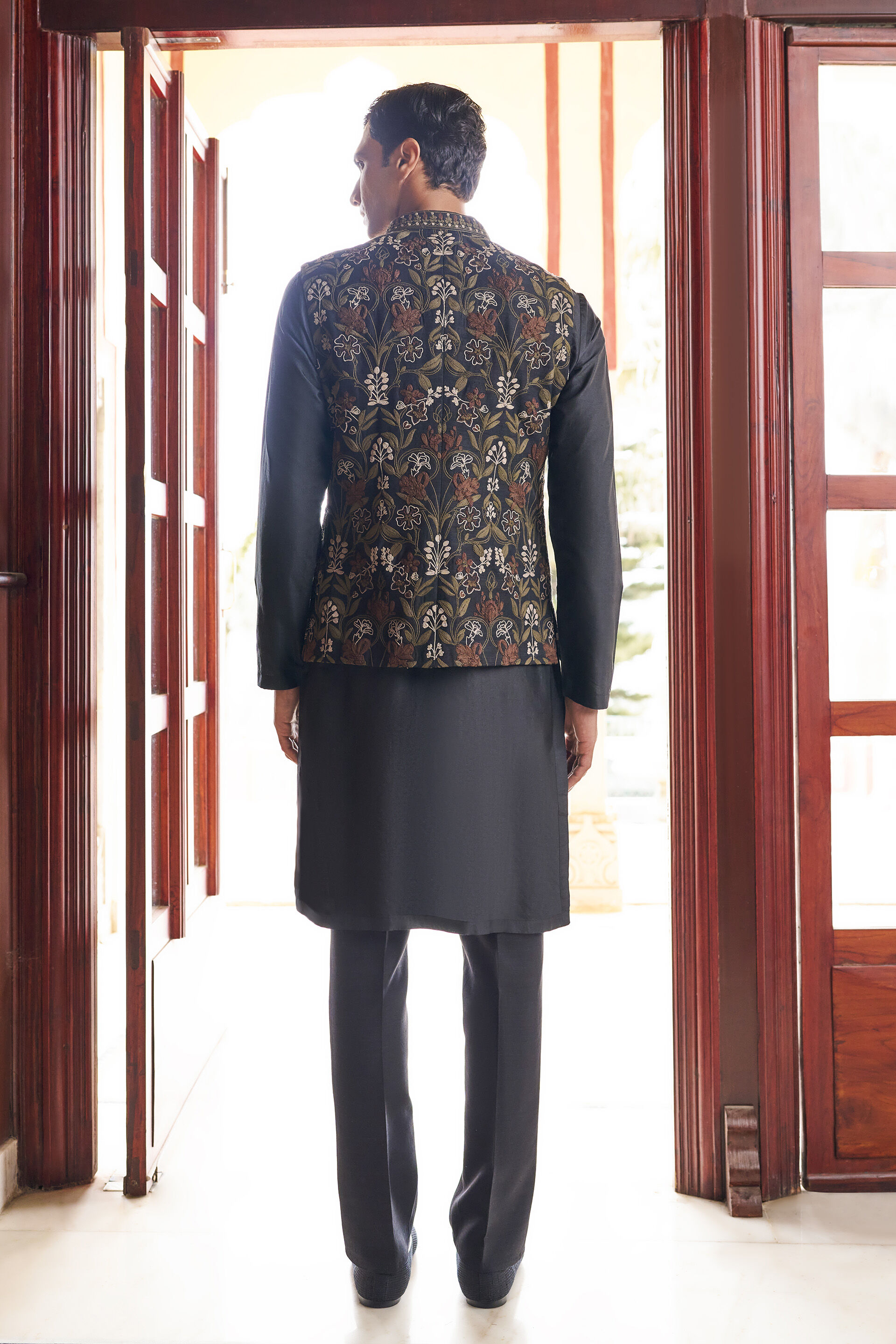 Lush Embroidered Cord Silk Nehru Jacket - Black
