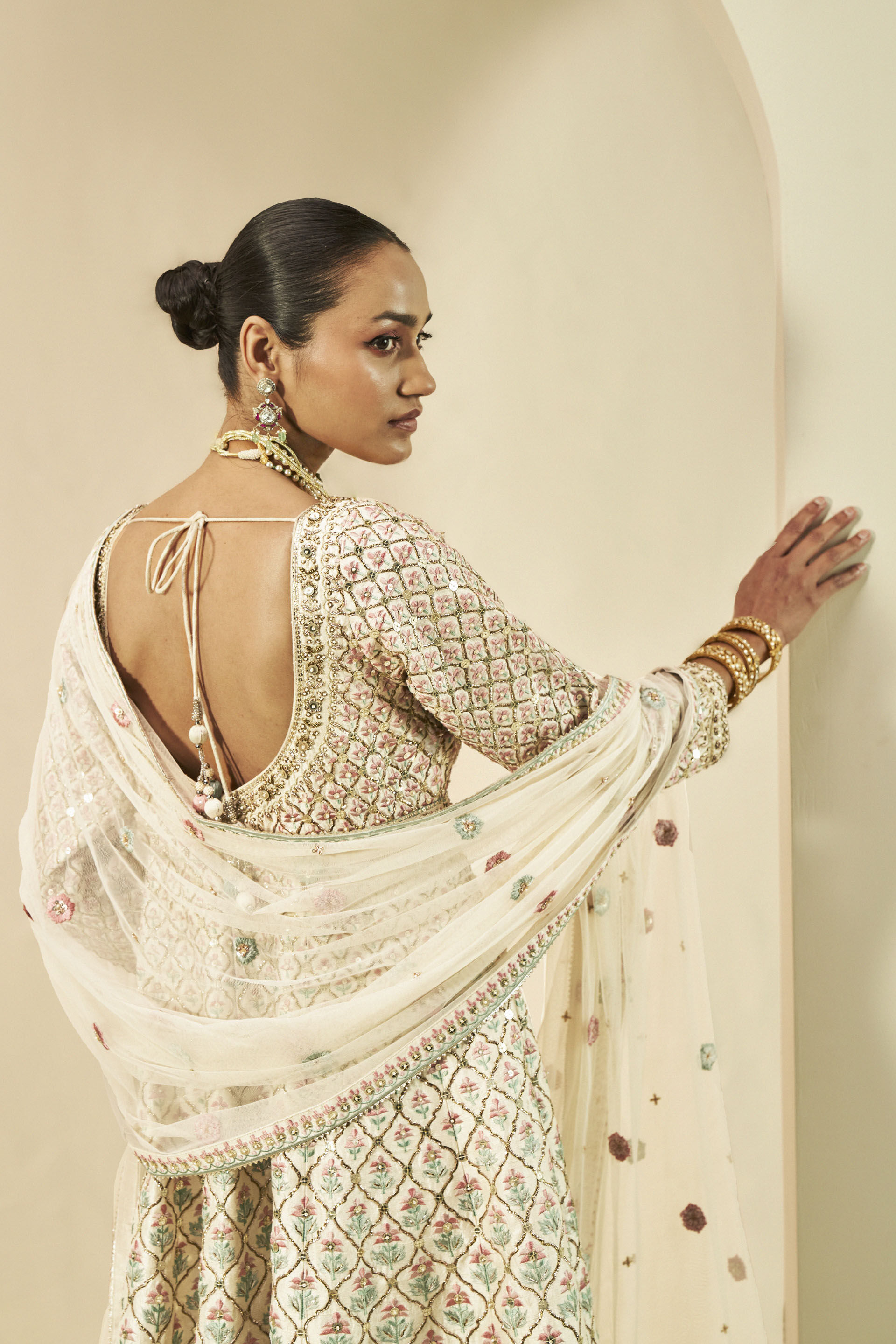 Adri Embroidered Silk Anarkali Set Cream