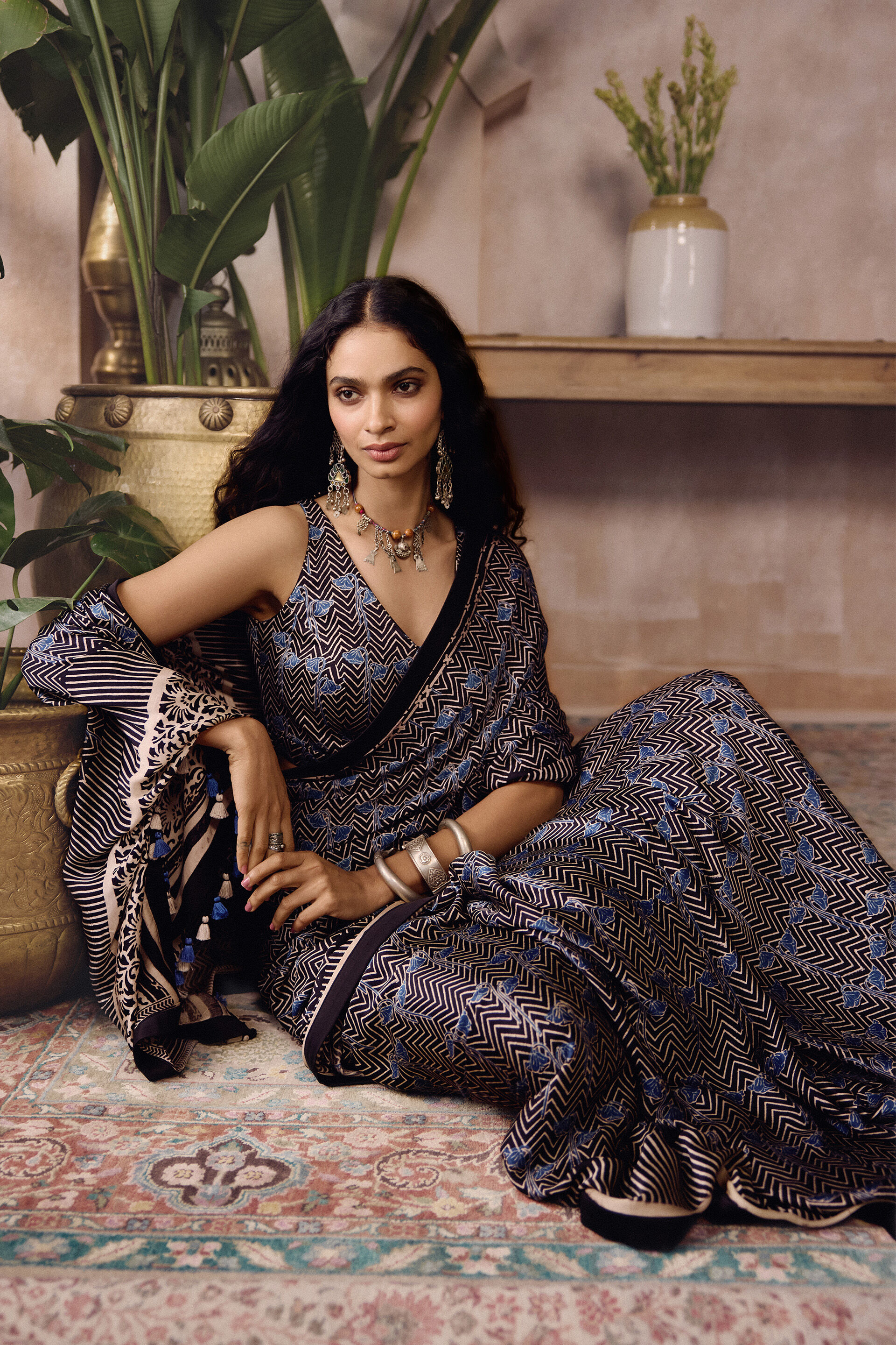 Brano Ajrakh Hand-block Printed Saree - Black, Black, image 5