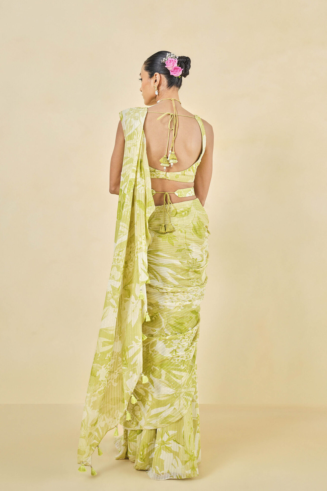 From The Tropics Georgette Pre-draped Saree - Lime, Lime, image 2