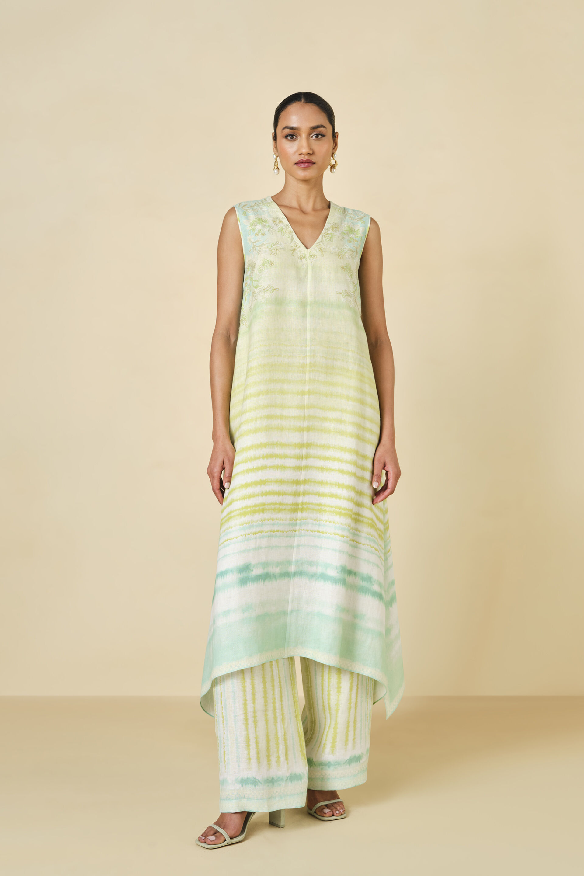 Anapos Asymmetrical Printed Hemp Kurta Set - Lime