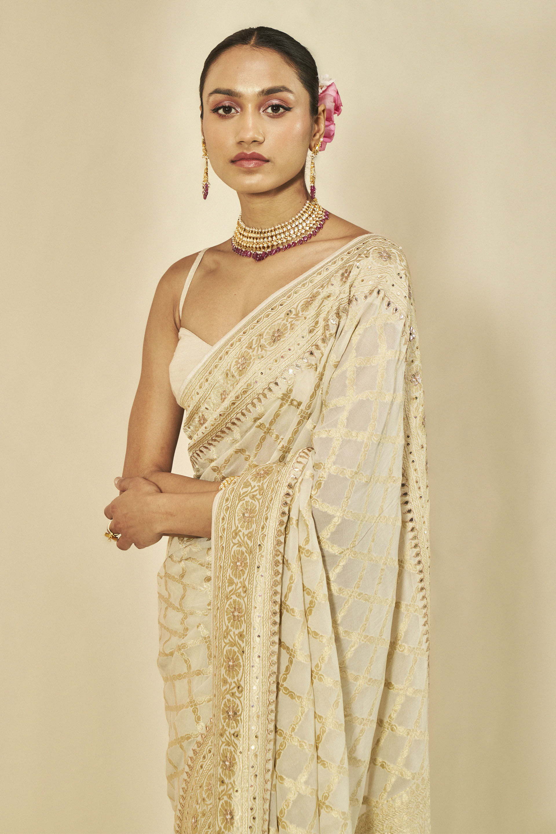 Manjari Benarasi Silk Gota Patti Saree Cream