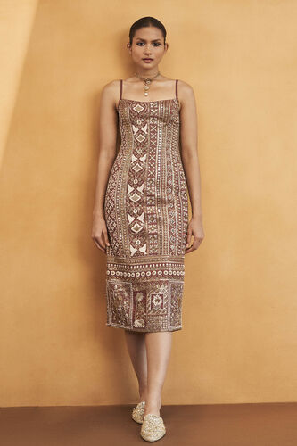 From The Wilderness Zardozi Embroidered Silk Dress - Brown, Brown, image 1