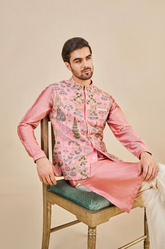 Nalesh Hand-painted Pichhwai Silk Nehru Jacket, Pink, image 5