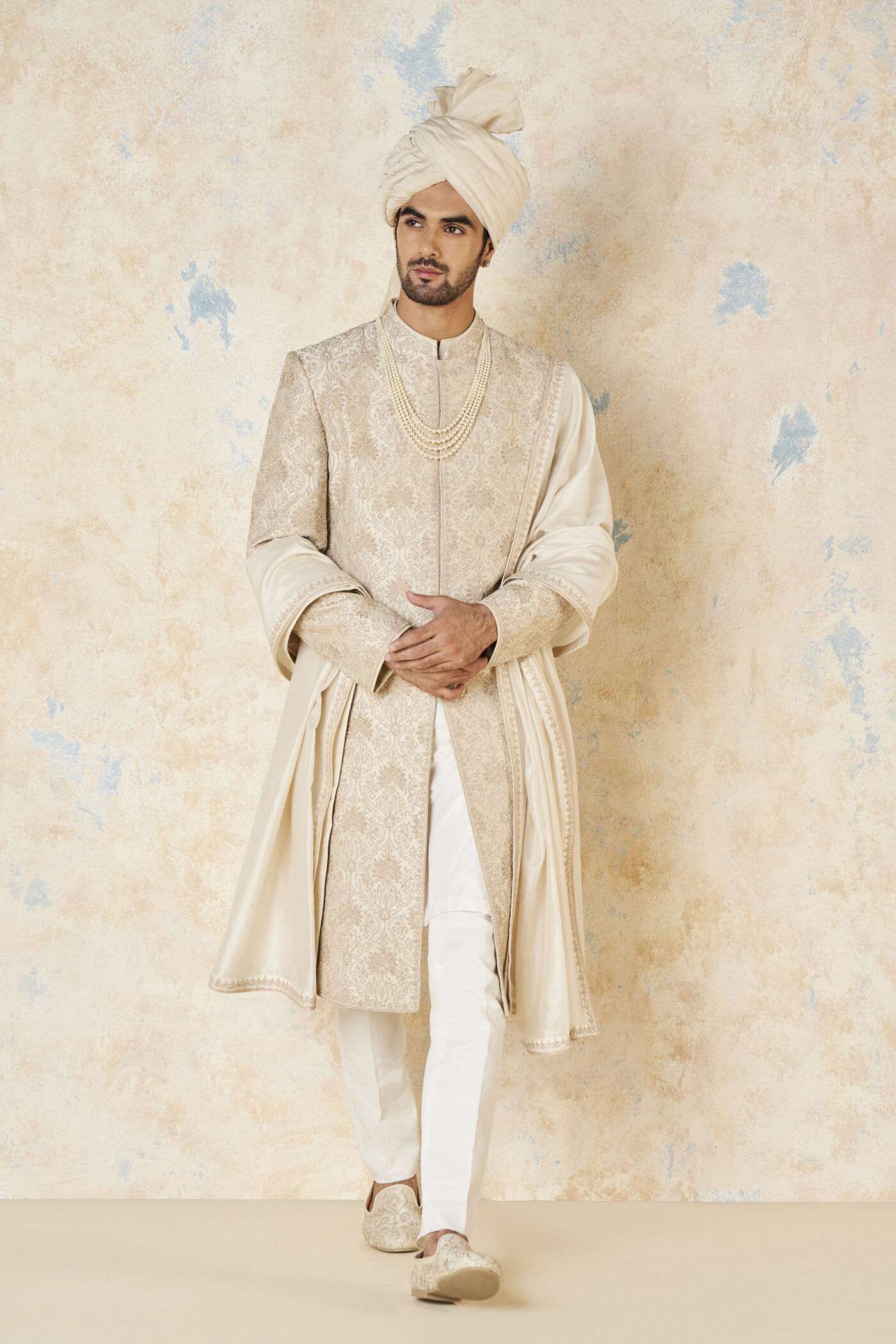 Ikshaan Embroidered Cord Silk Sherwani - Ivory