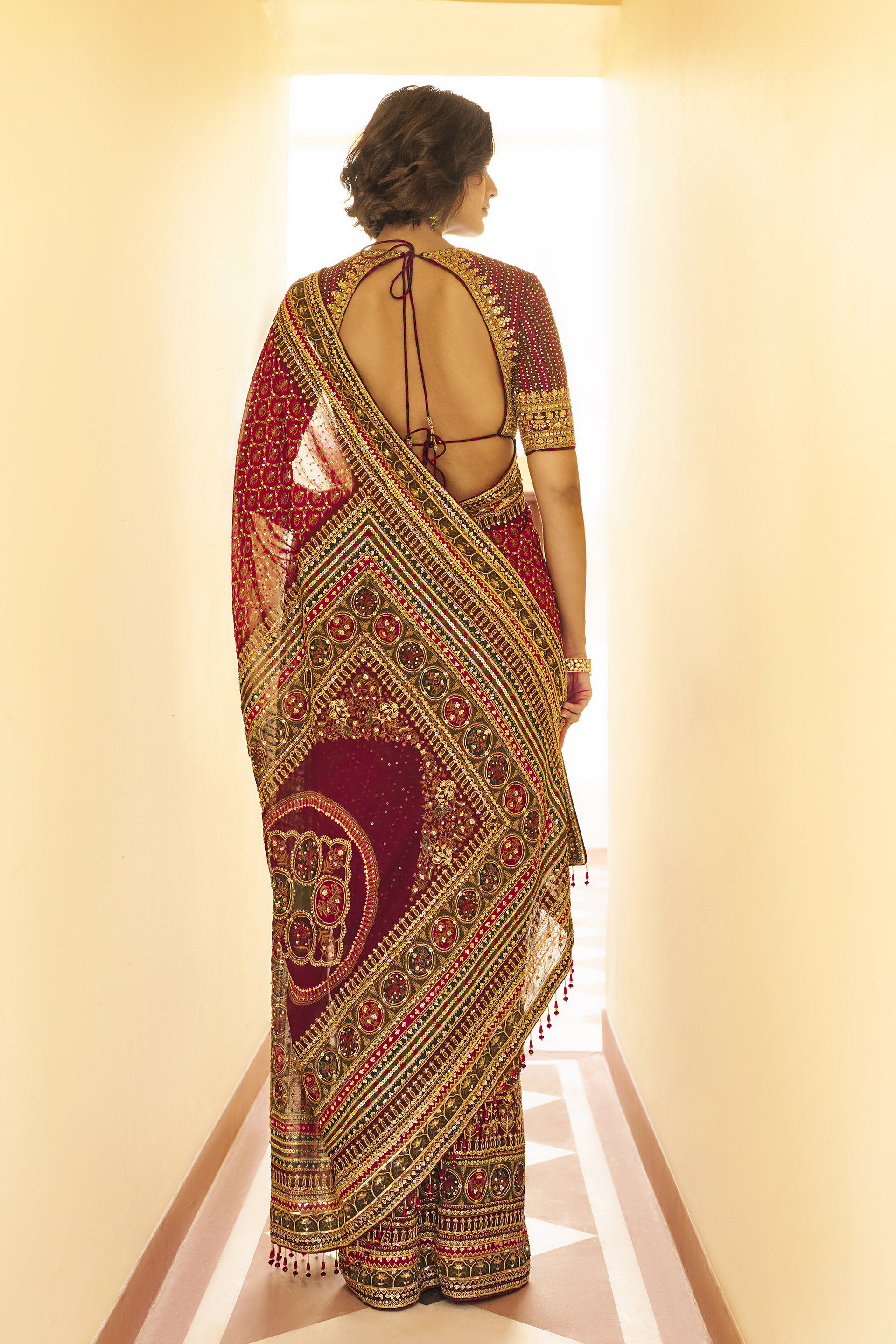 Tenderness Gota Patti Bemberg Saree - Red