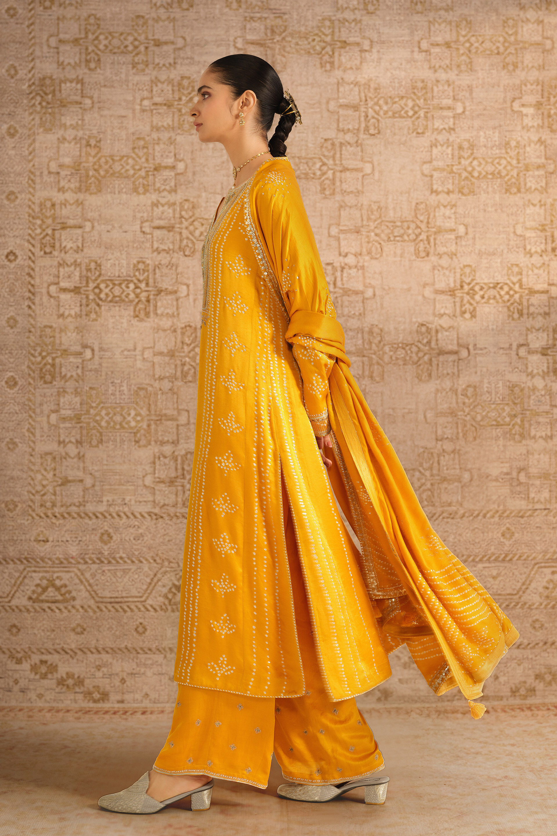Arka Handcrafted Bandhani Silk Suit Set - Yellow, Yellow, image 3