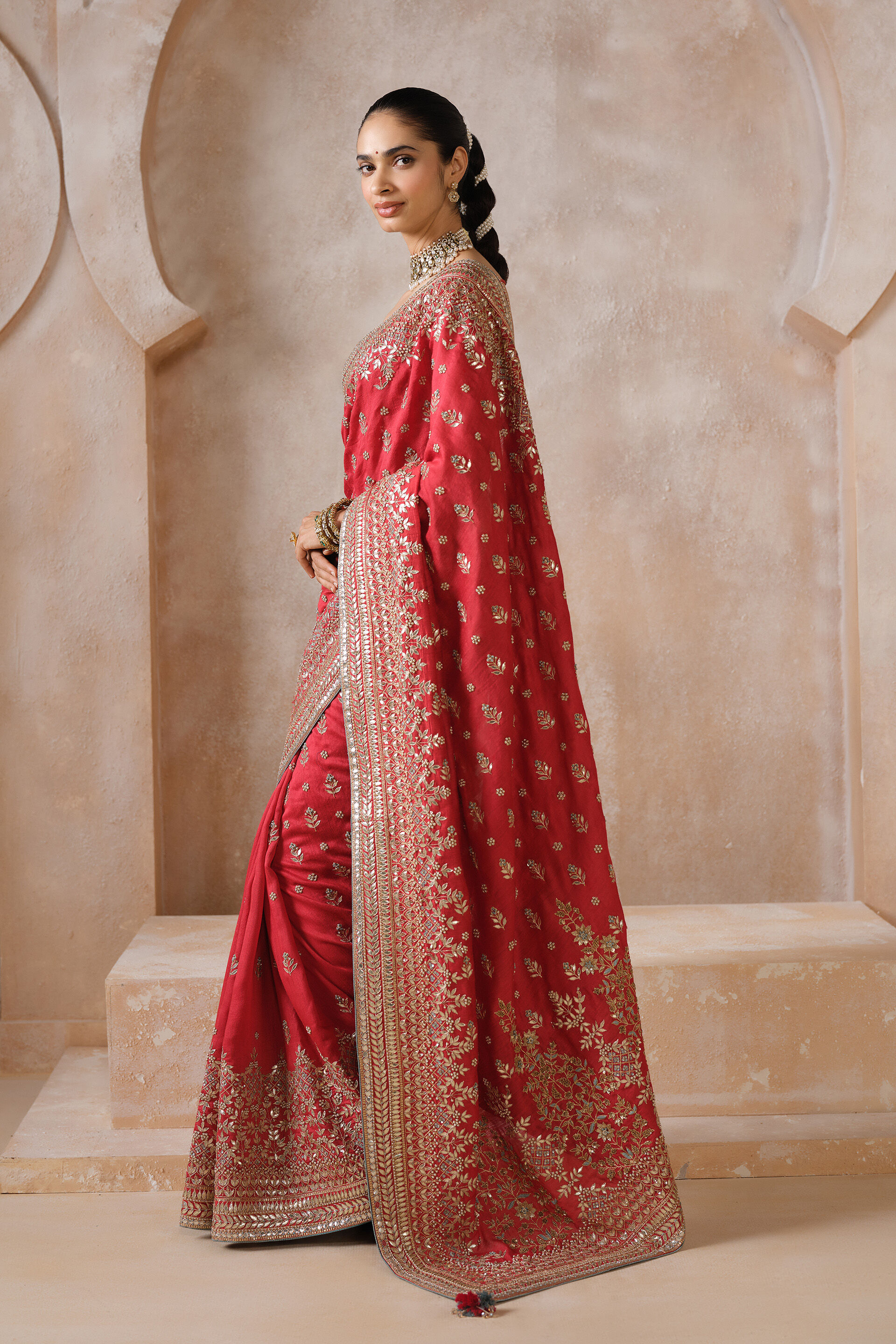 Manjara Gota Patti Silk Saree - Red, Red, image 3