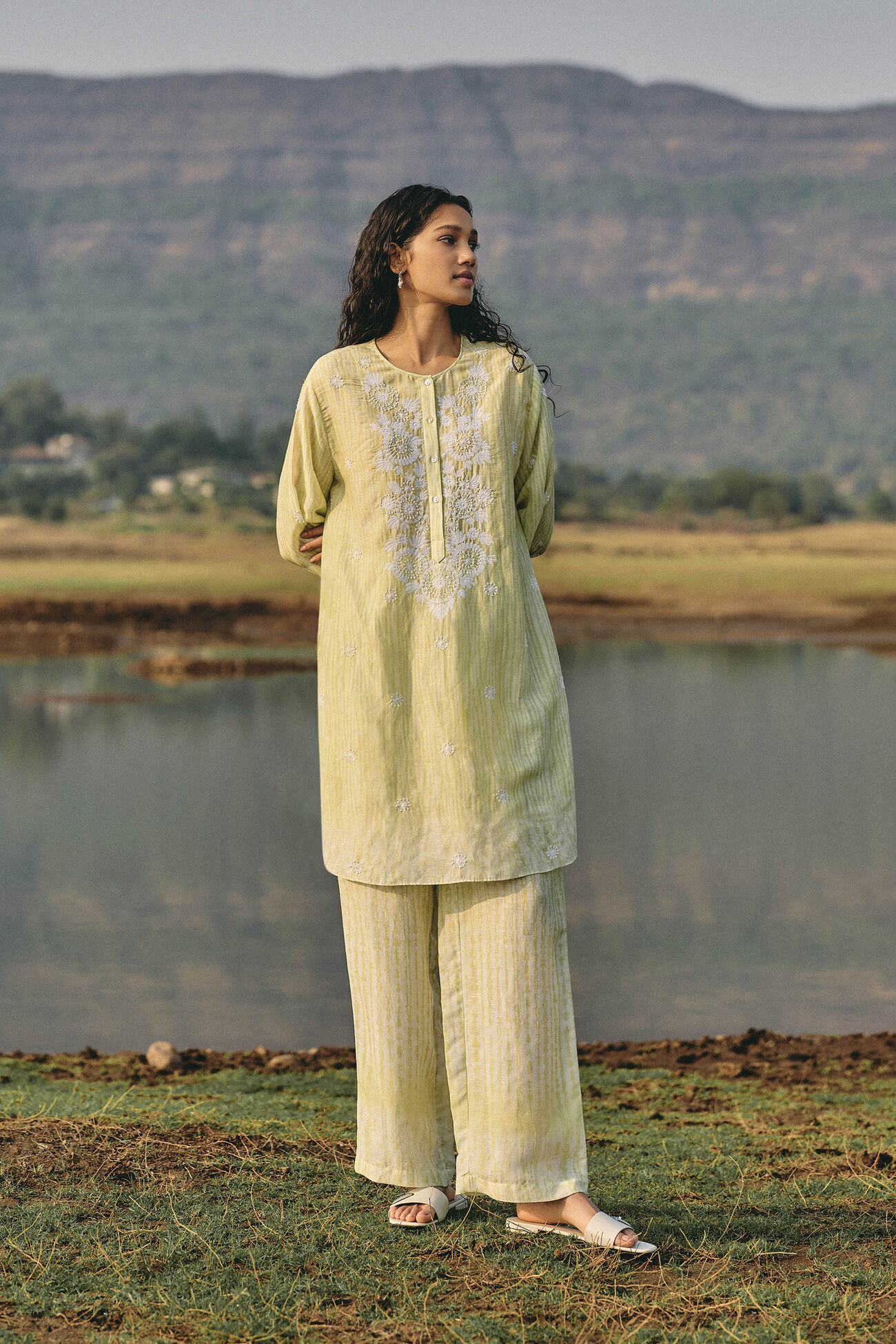 From The Mountain Hand-embroidered Chikankari Bemberg Coord, Lime, image 1