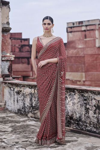 Arvia Printed Georgette Saree - Red, Red, image 1