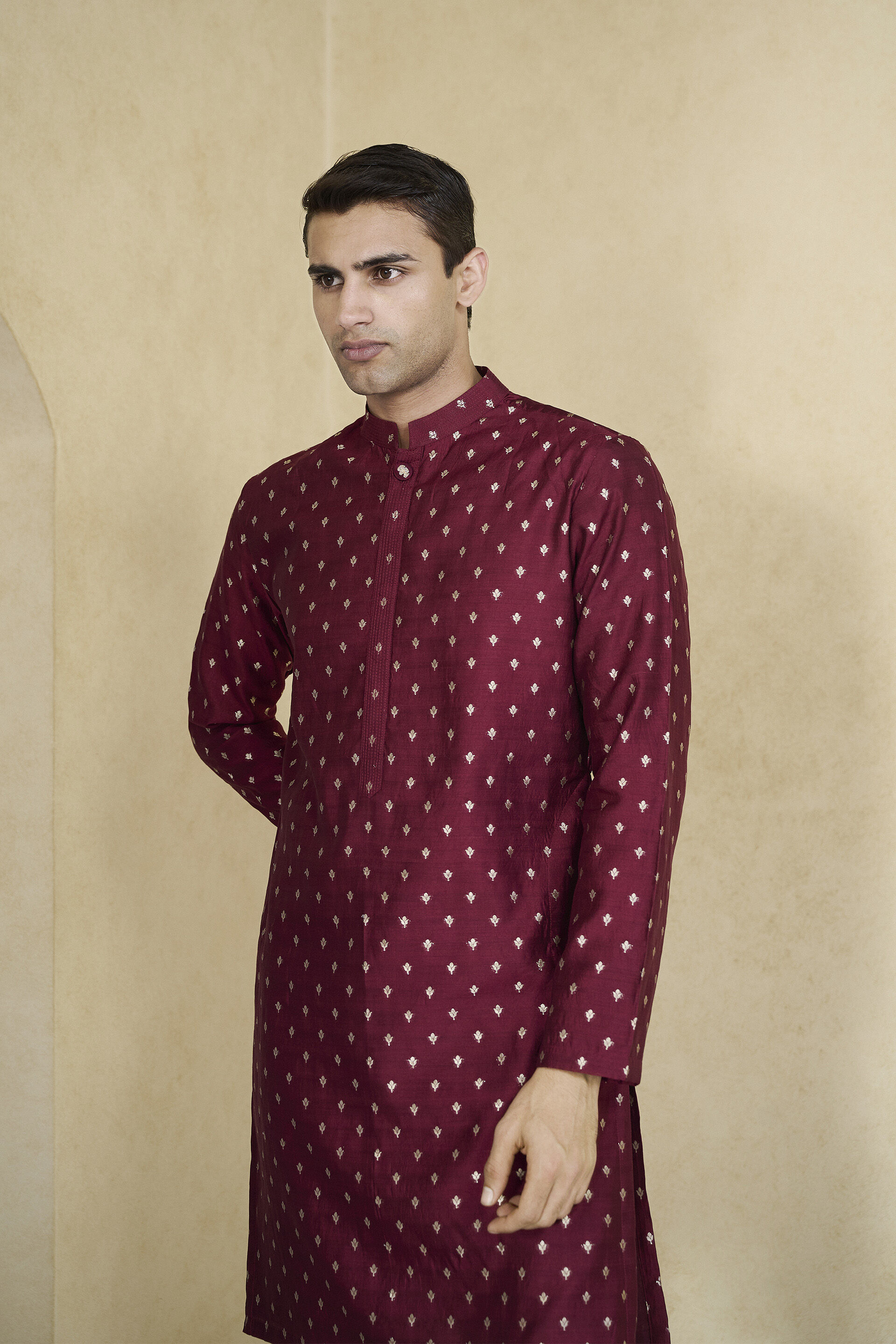 Zamurad Handwoven Benarasi Silk Kurta - Plum, Plum, image 4