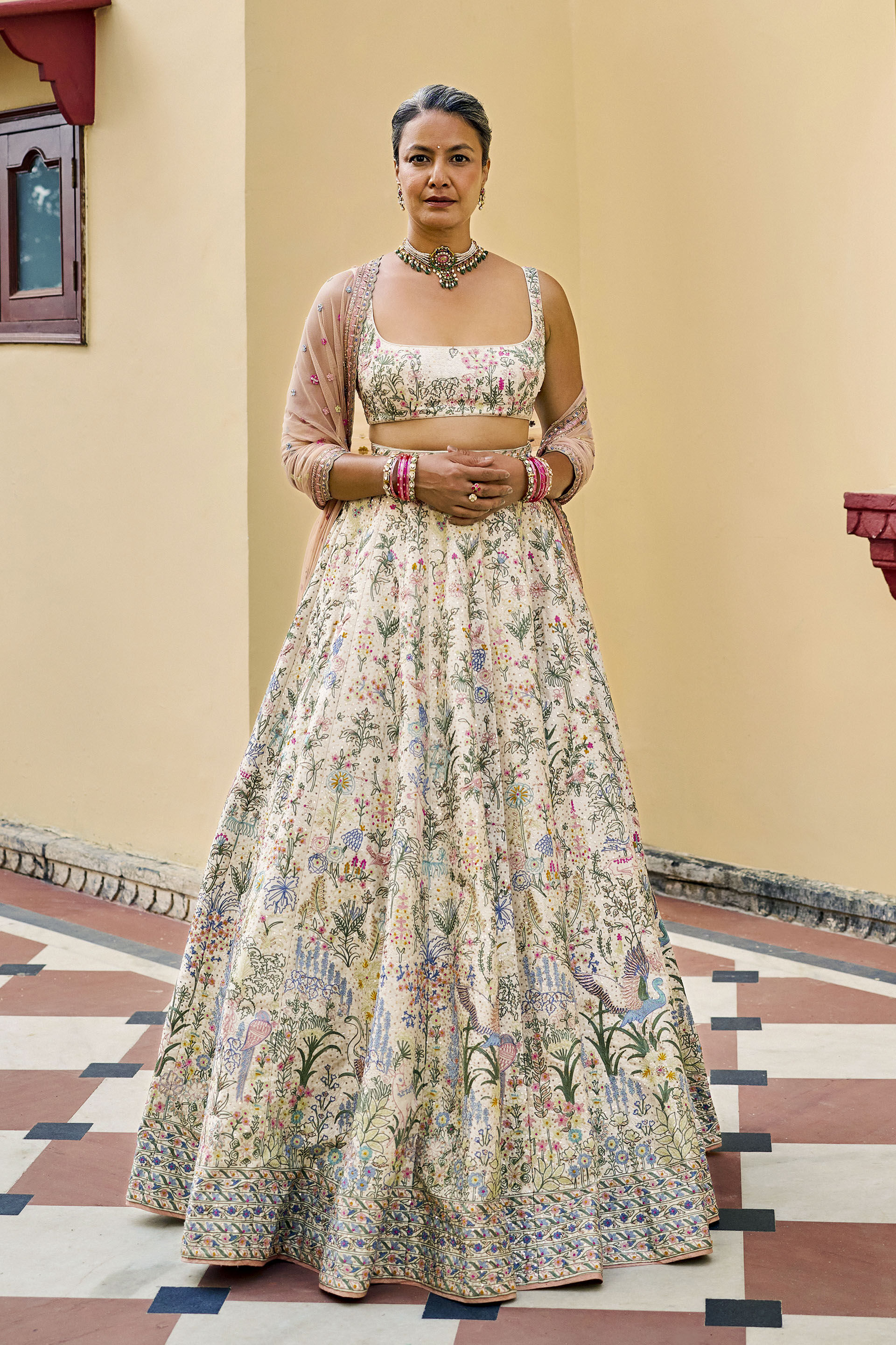Luminous Embroidered Zardozi Silk Lehenga Set - ​Ivory, Ivory, image 1