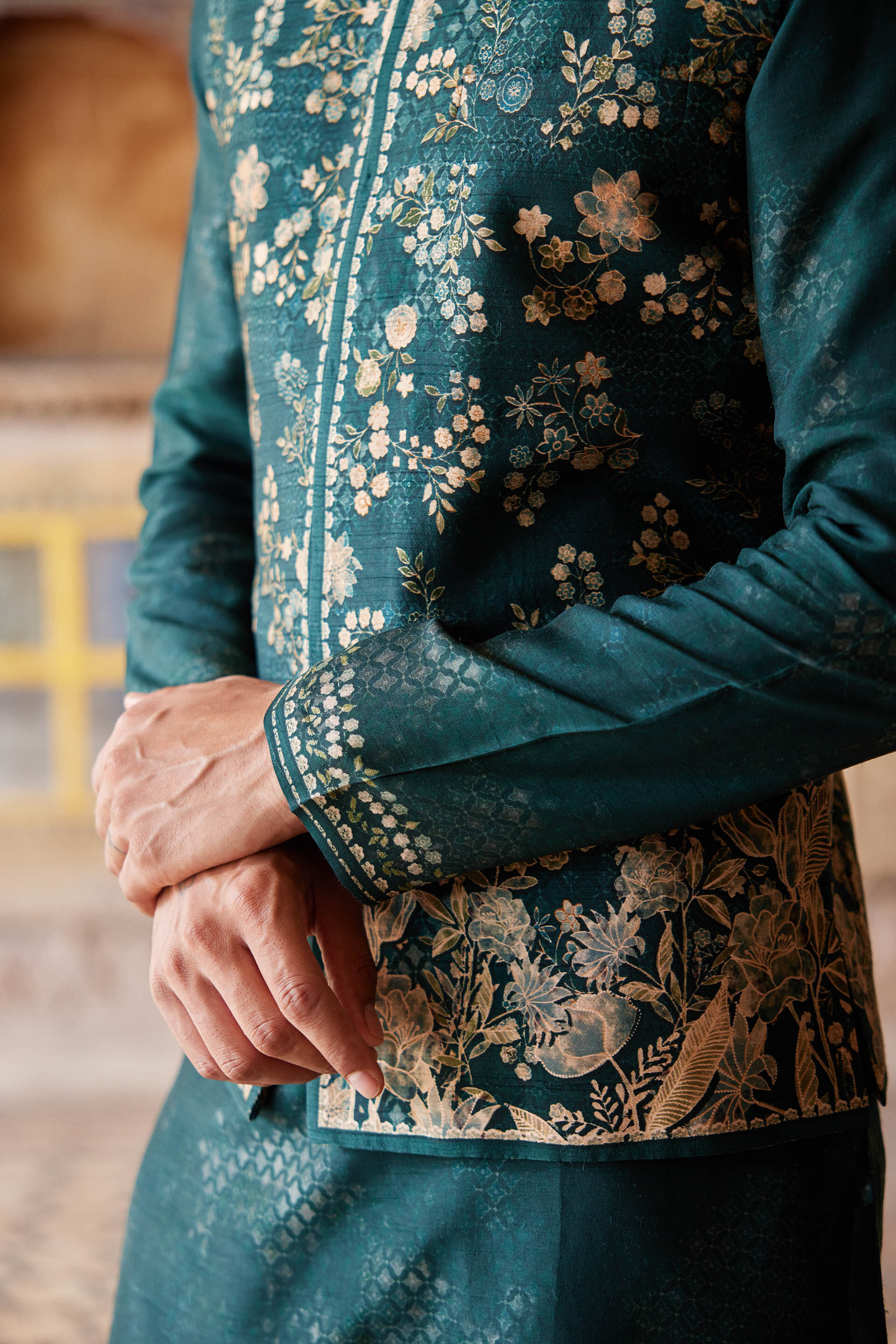 Buy Designer Hirav Printed Silk Nehru Jacket Green Online from Anita Dongre