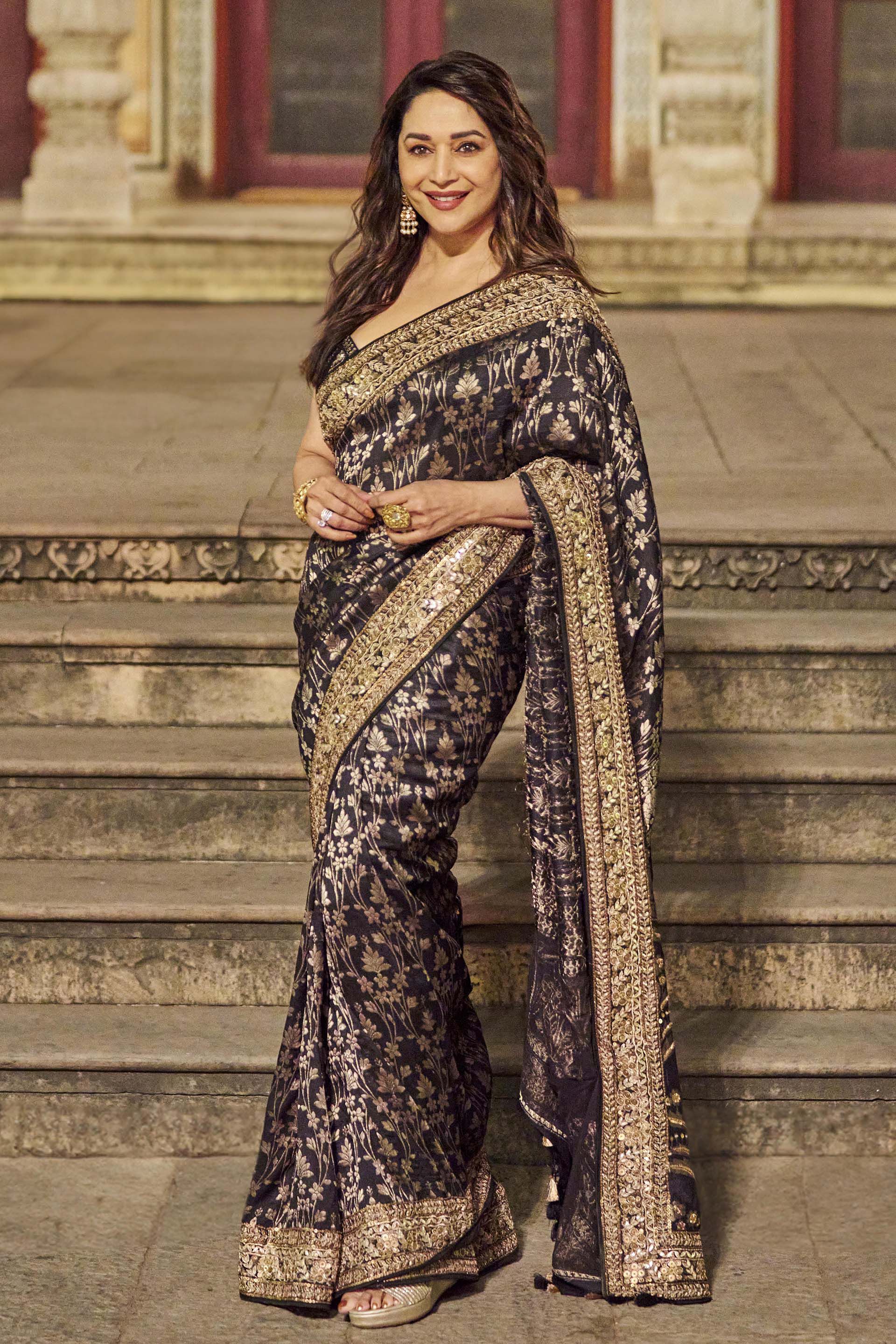 Gleaming Forest Benarasi Silk Embroidered Saree - Black, , image 1