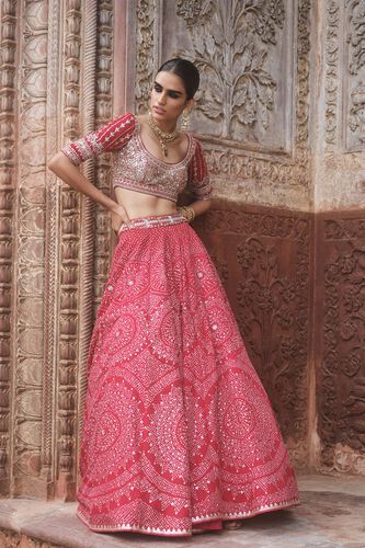 Raya Handcrafted Bandhani Silk Lehenga Set - Red, Red, image 3