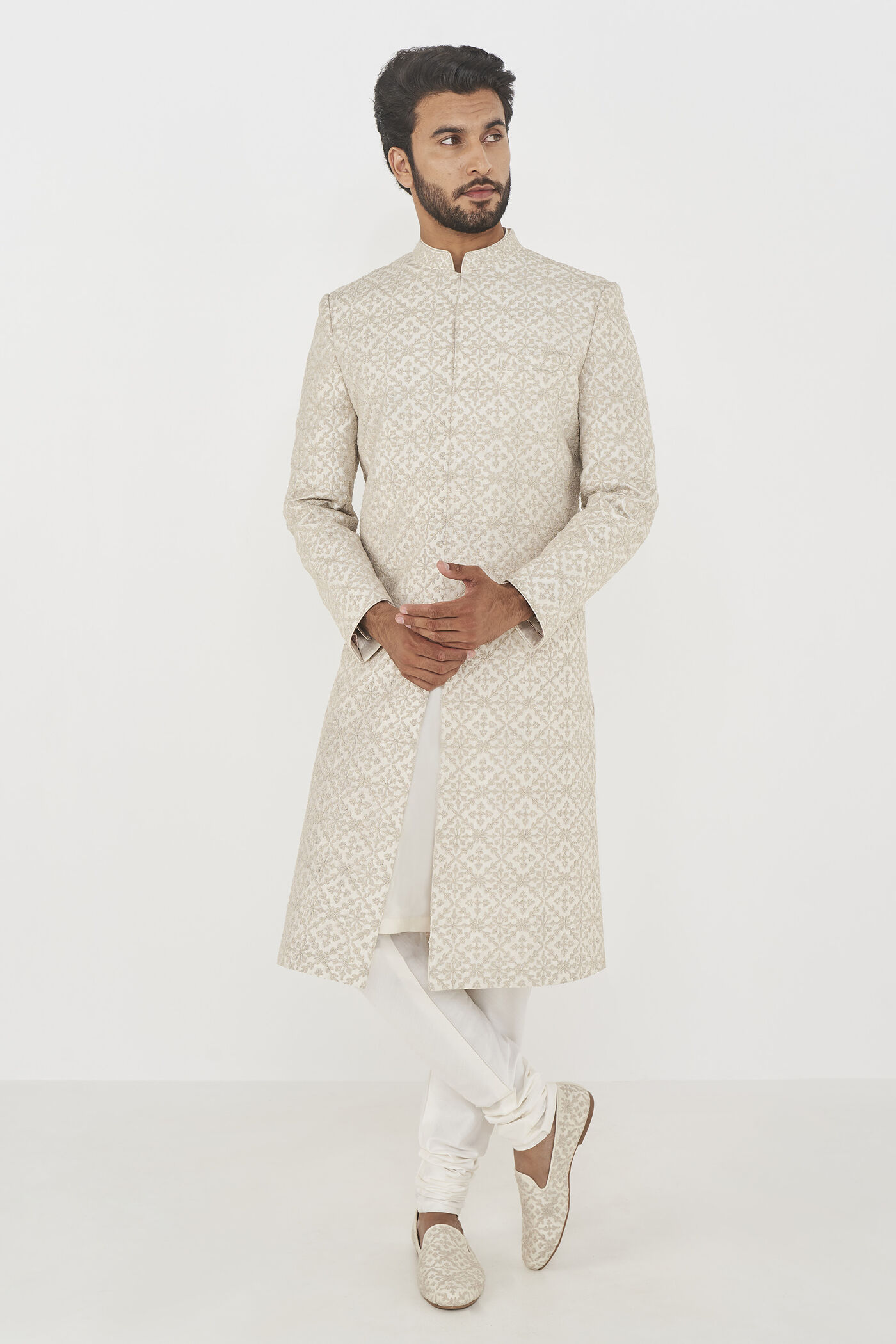 Rishi Embroidered Cord Silk Sherwani - Cream