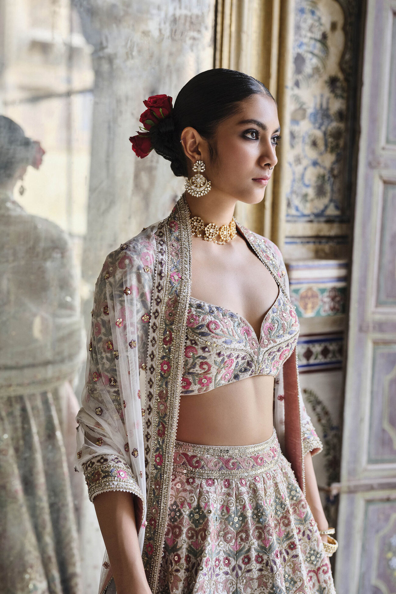 Tridha Embroidered Zardozi Silk Lehenga Set - Cream, Cream, image 6