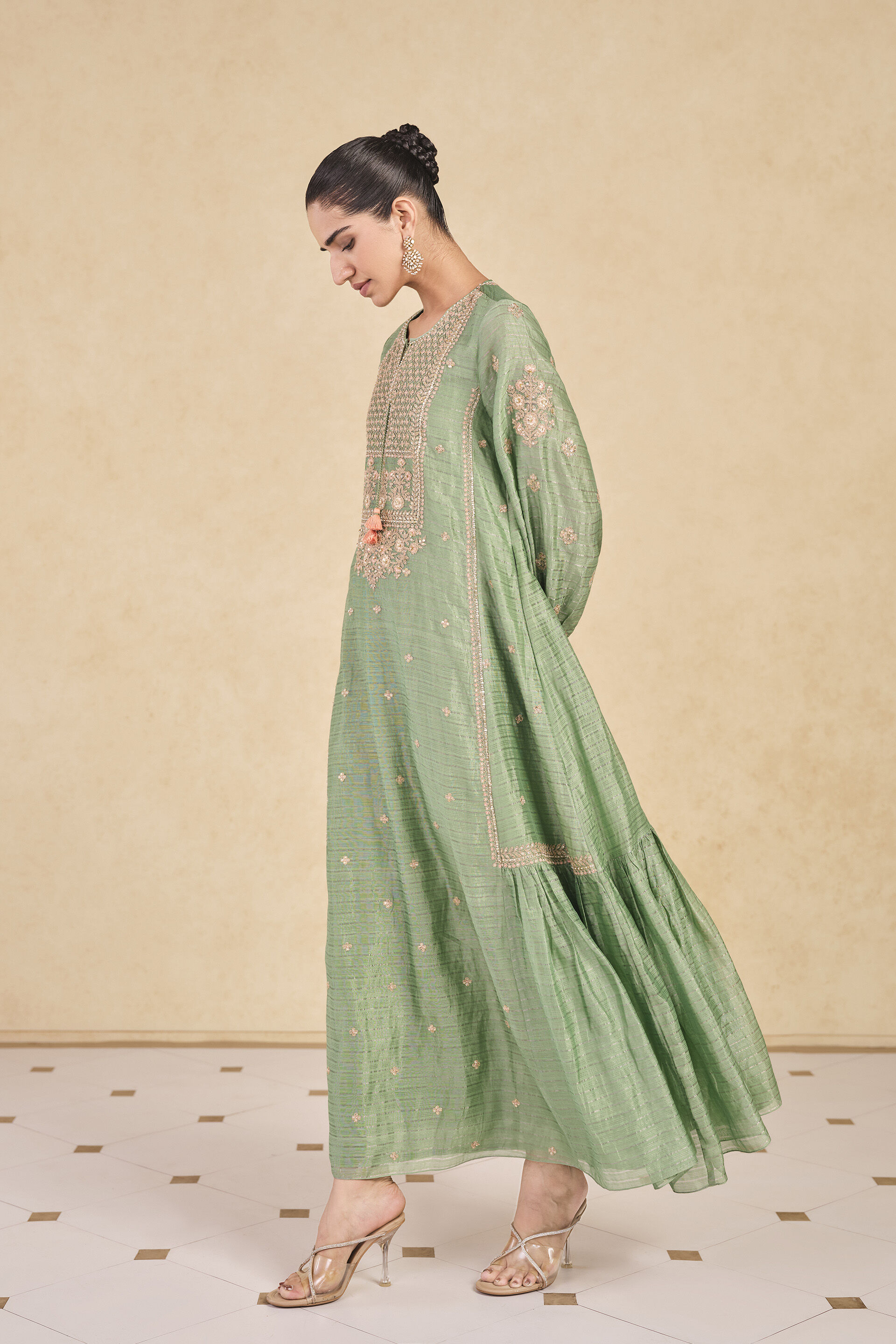Molopo Embroidered Zardozi Mul Kaftan - Sage, Sage, image 3