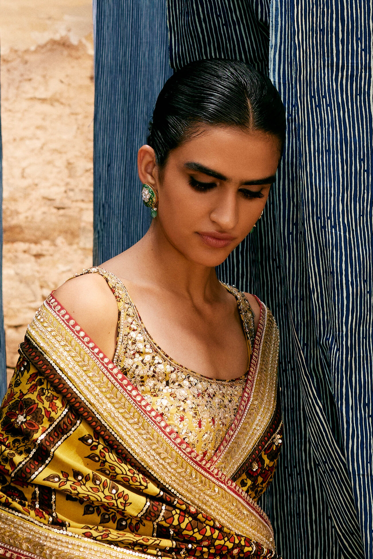 Buy Designer Kasano Ajrakh Handblock Printed Silk Choli Mustard