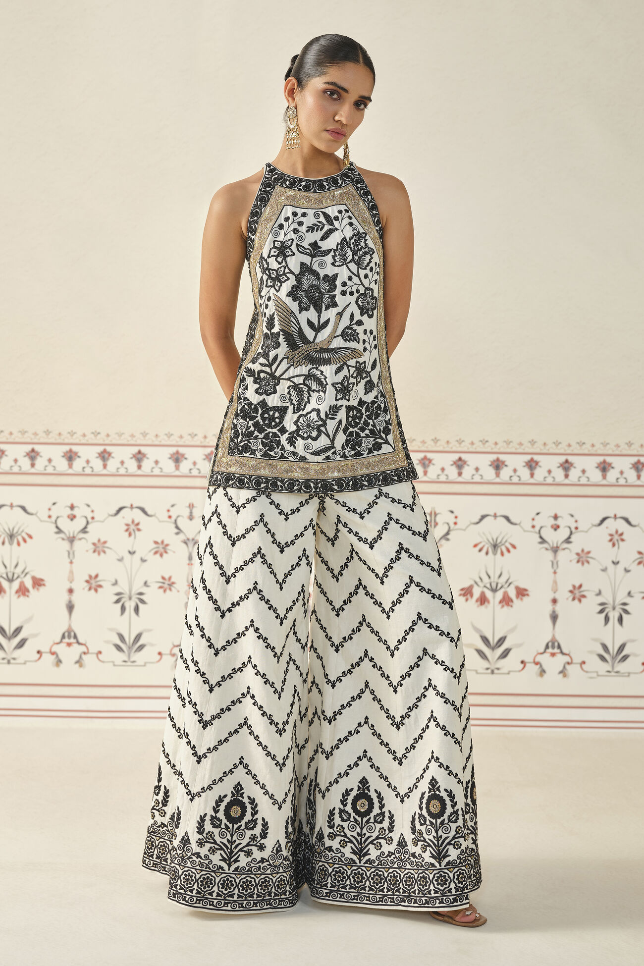 Fayona Embroidered Zardozi Silk Sharara Set - Black & White, Cream, image 1