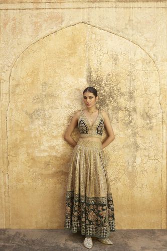 Heart of The Forest Embroidered Zardozi Skirt Set - Gold, Gold, image 3