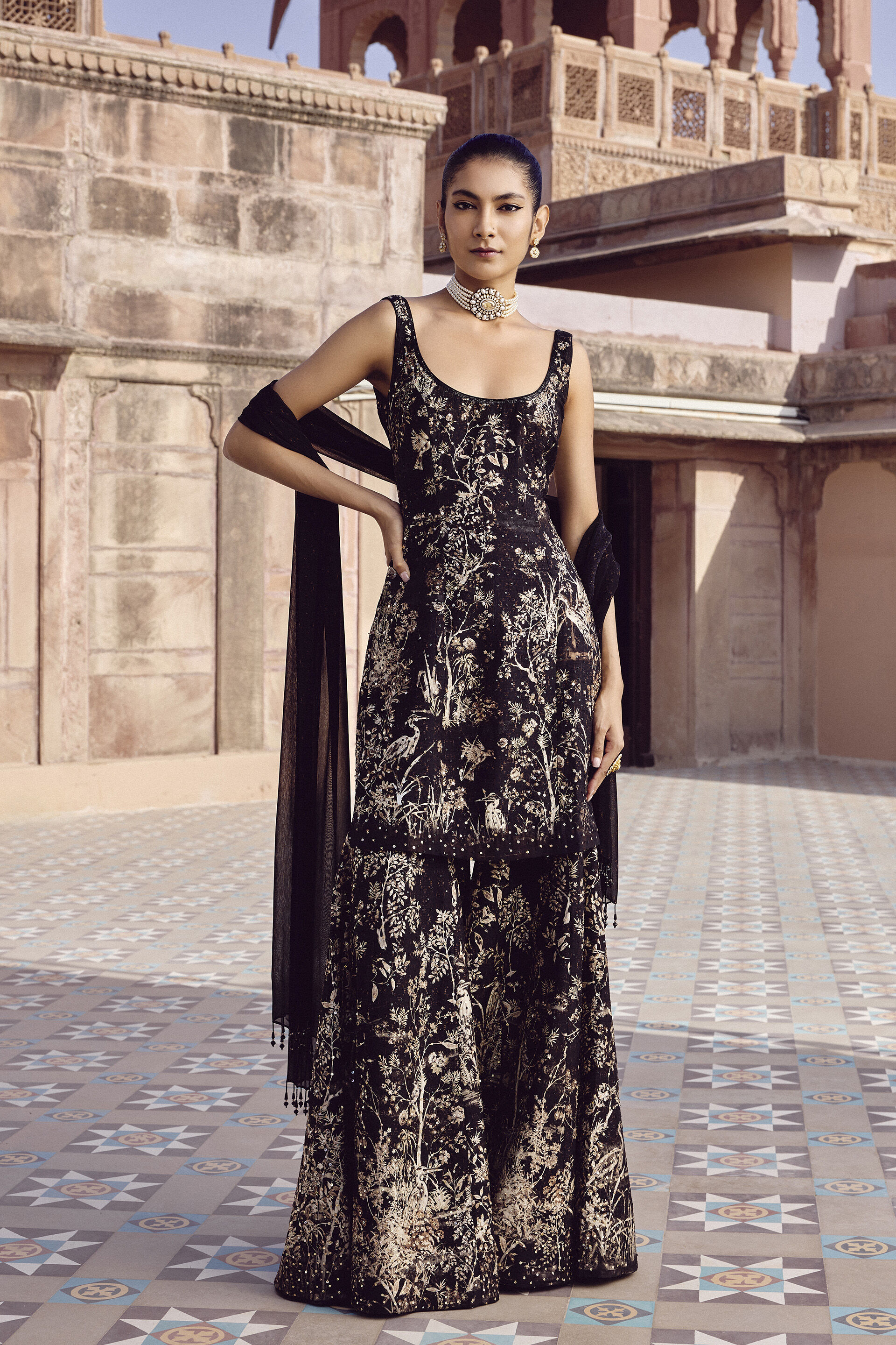 Alayla Embroidered Silk Sharara Set - Black