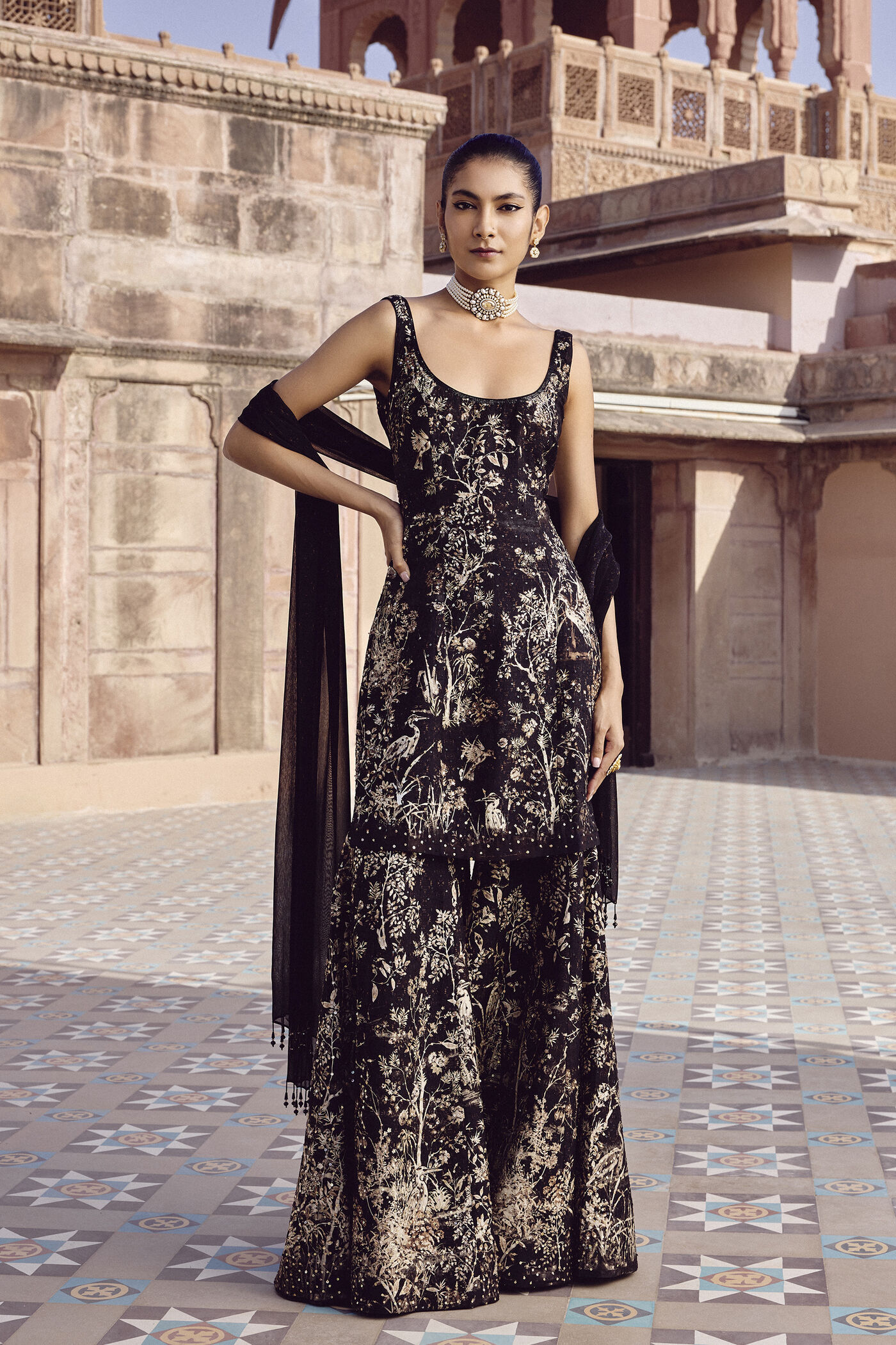 Alayla Embroidered Silk Sharara Set - Black