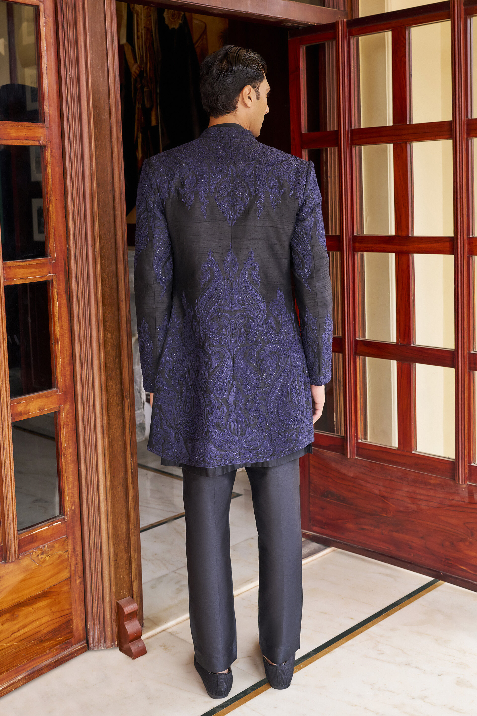 Eternal Embroidered Cord Silk Sherwani - Black