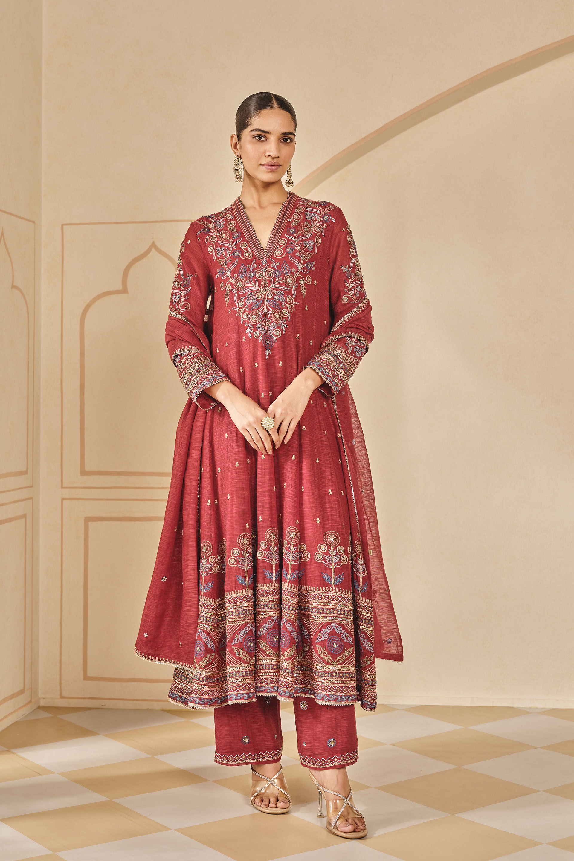 Zunaira Embroidered Mul Anarkali Set Red