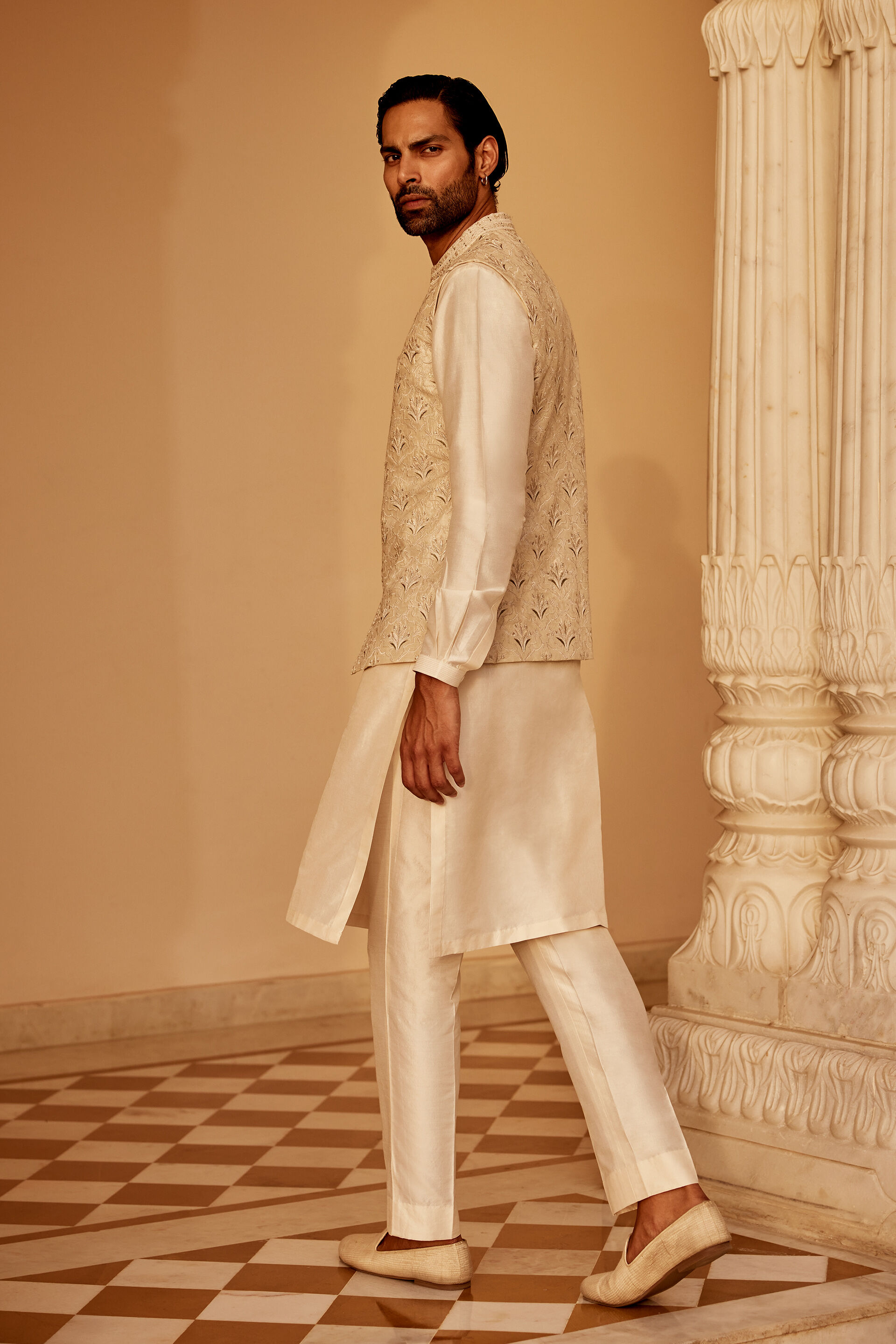 Surjit Embroidered Silk Nehru Jacket - Ivory
