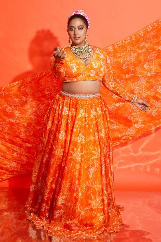 Magic Magpies Lehenga Set - Orange, , image 1