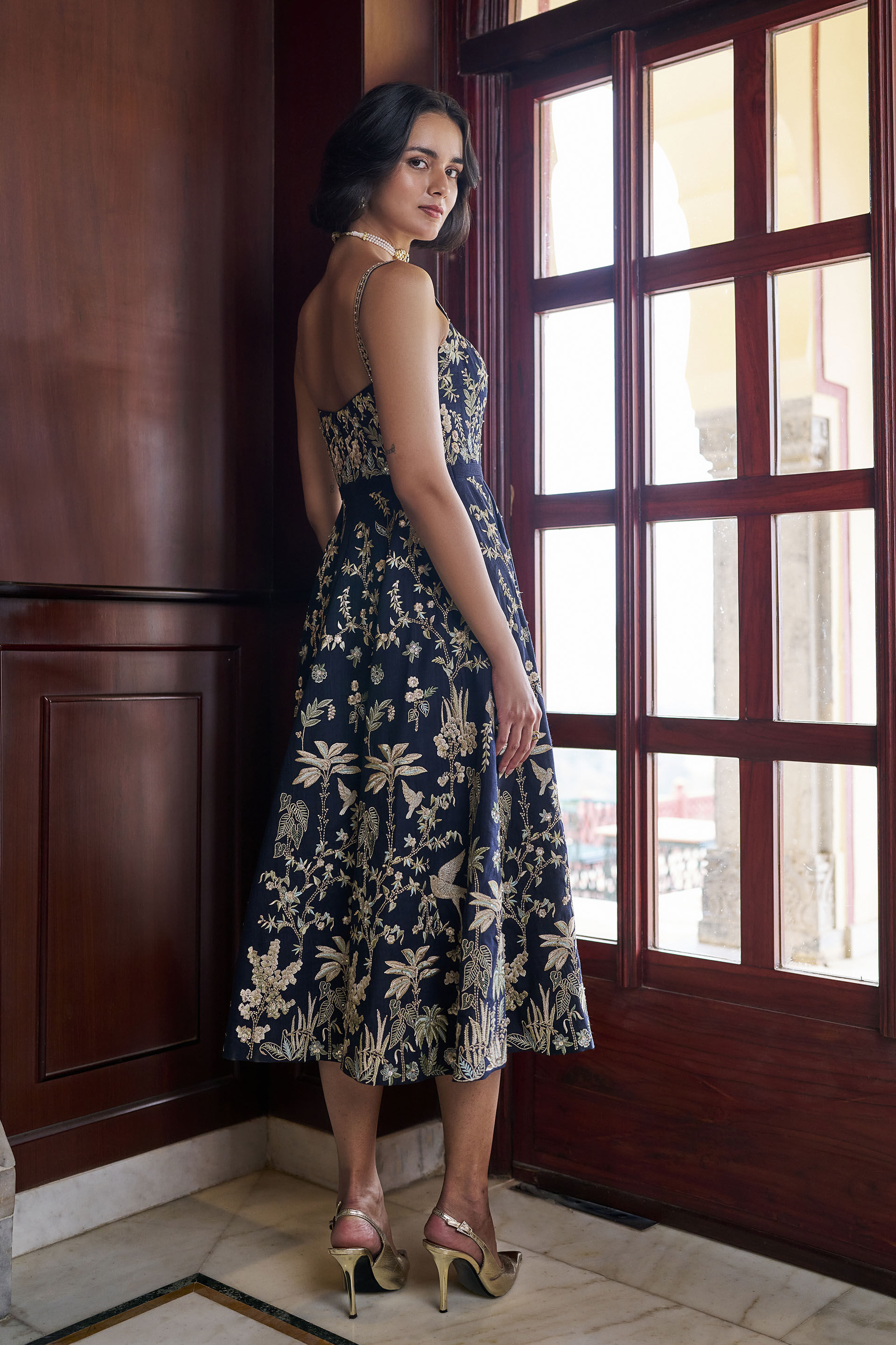 Sonnet Embroidered Zardozi Silk Dress - ​Navy