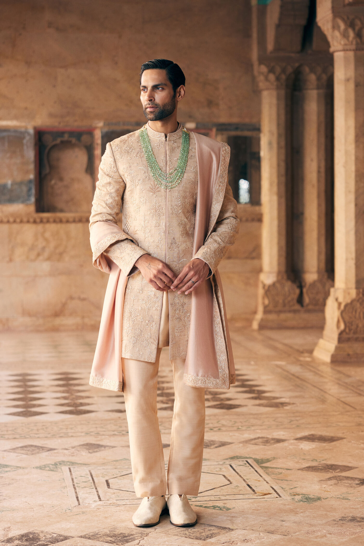 Zimraan Hand-embroidered Silk Sherwani - Beige