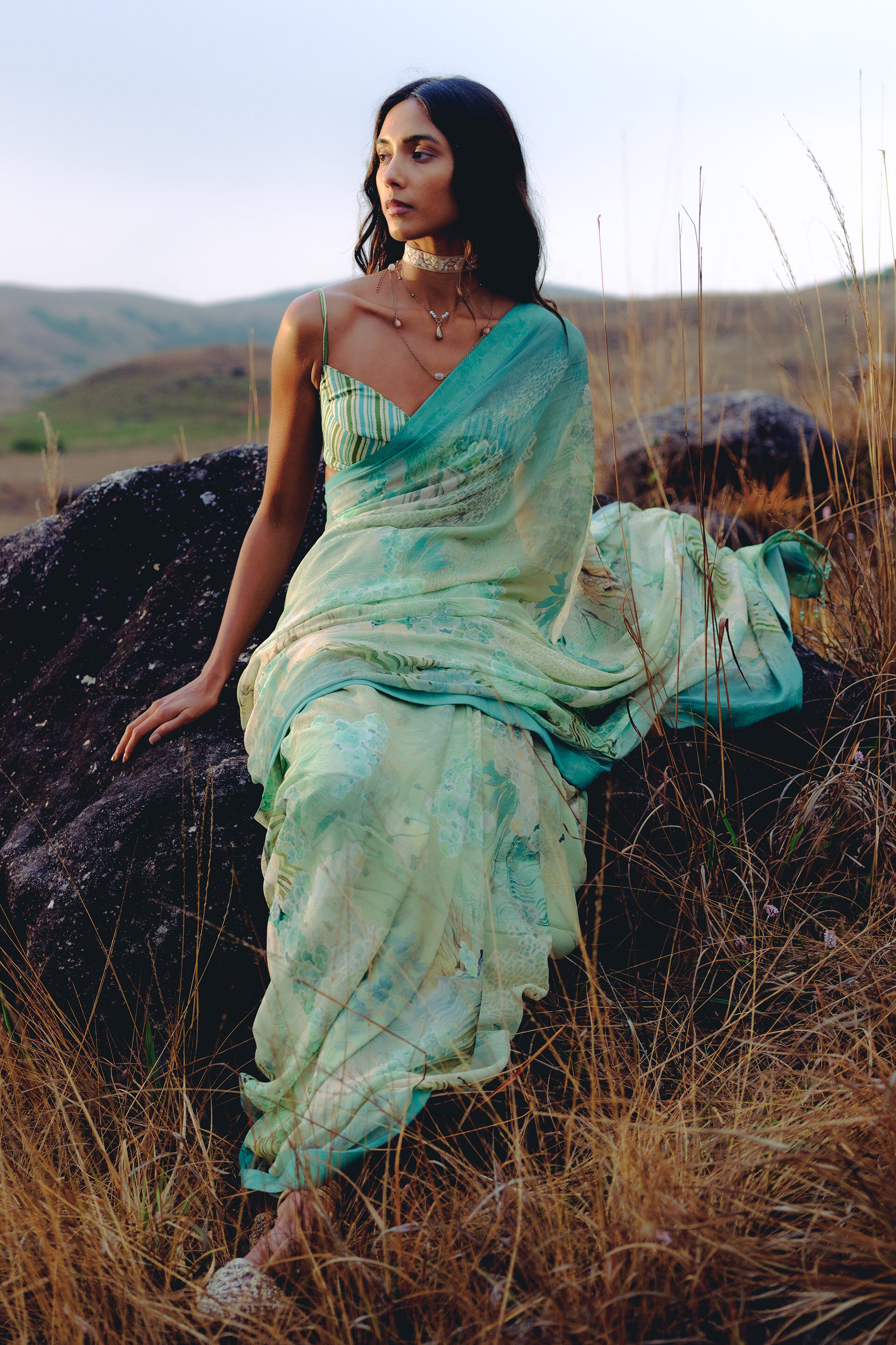 Suki Bemberg Saree - Aqua, Aqua, image 4