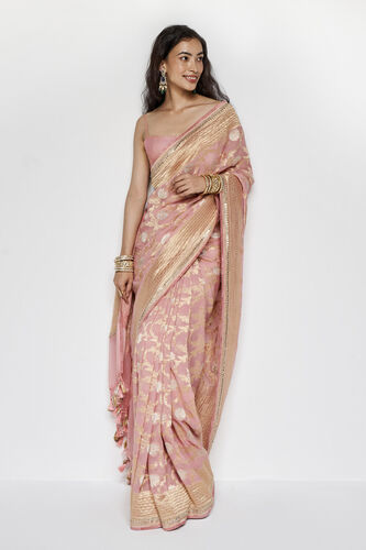 Aaradhana Benarasi Silk Embroidered Saree, Blush, image 5
