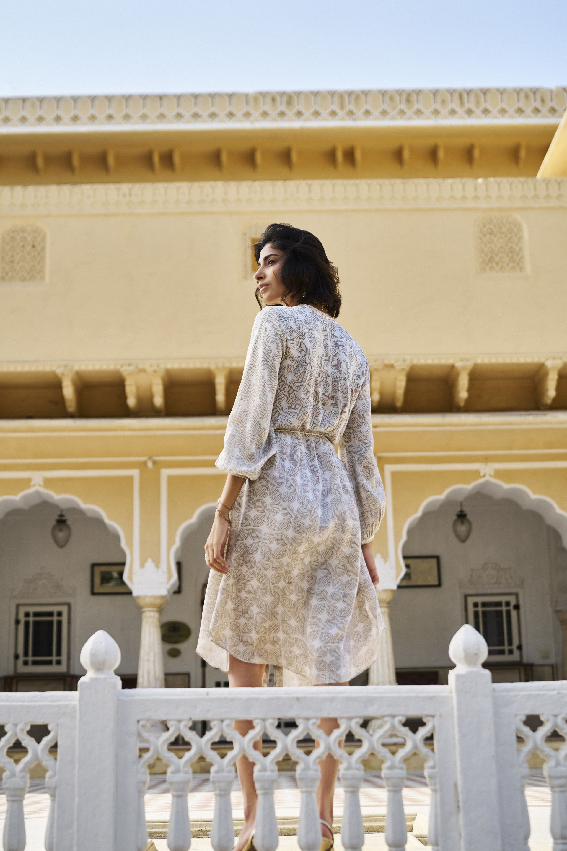 Fresco Hand-block Print & Gold Khadi Dress - Grey