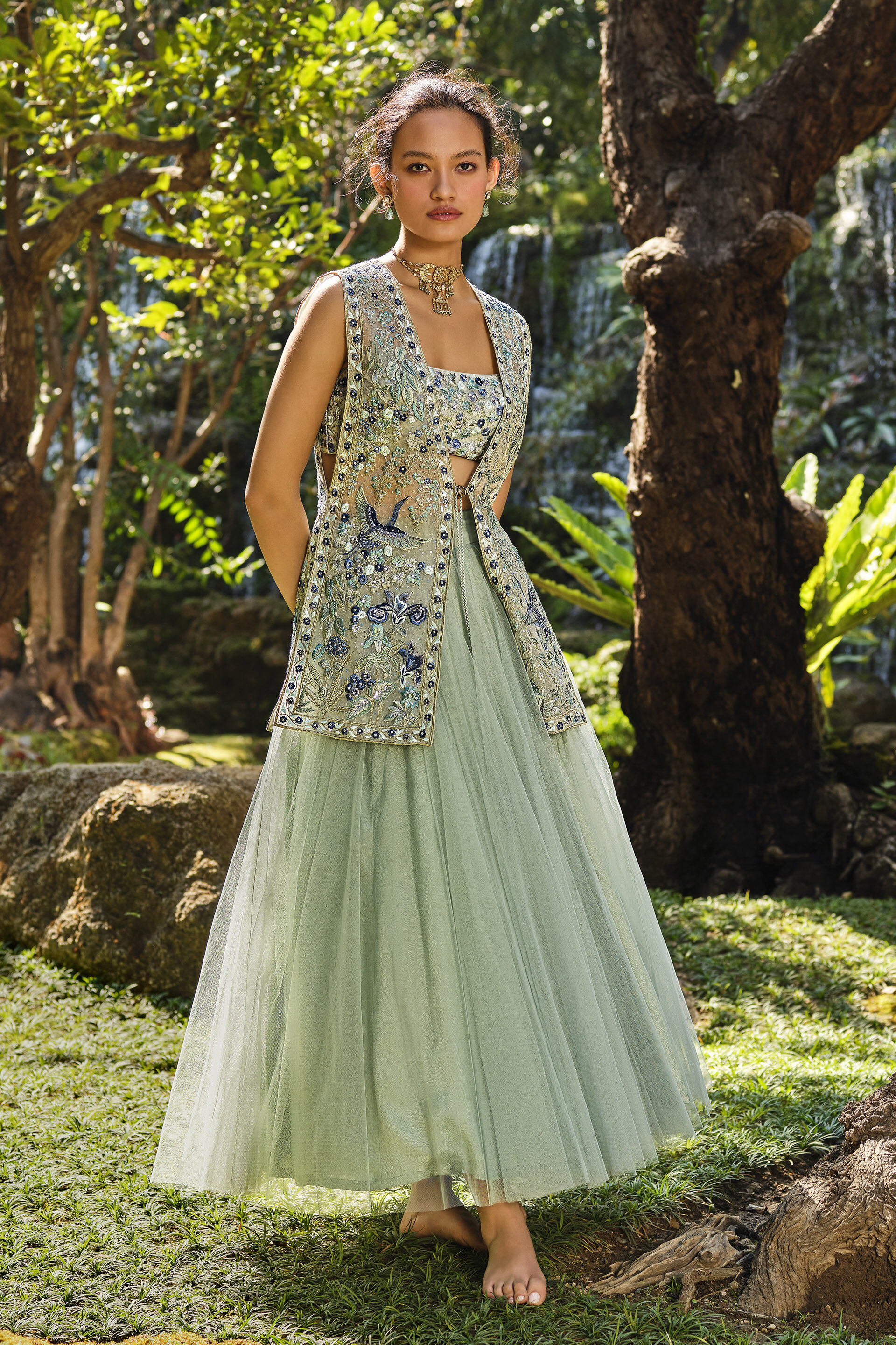 Ardis Embroidered Silk Skirt Set - Sage