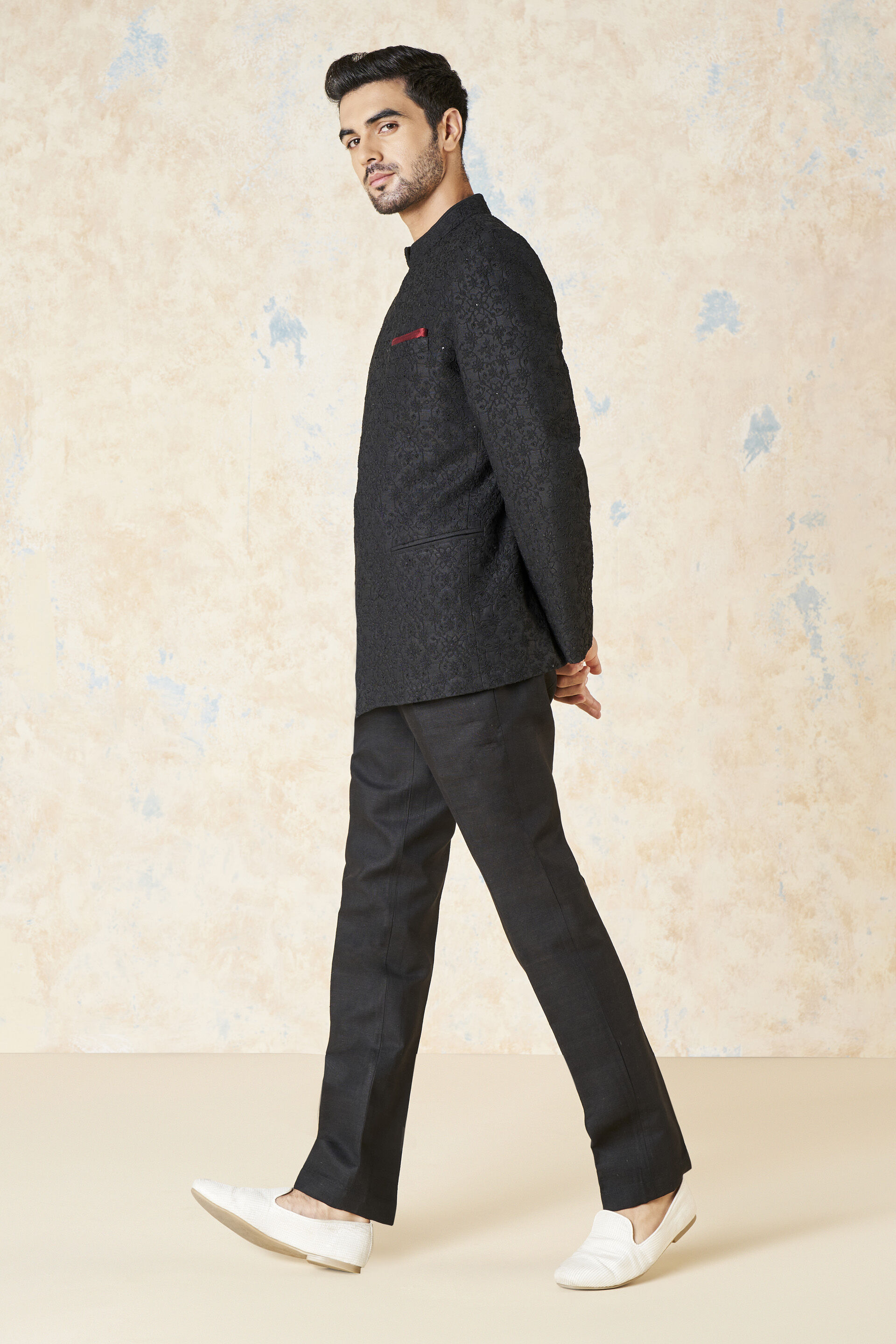 Aadav Embroidered Cord Silk Bandhgala - Black, Black, image 3