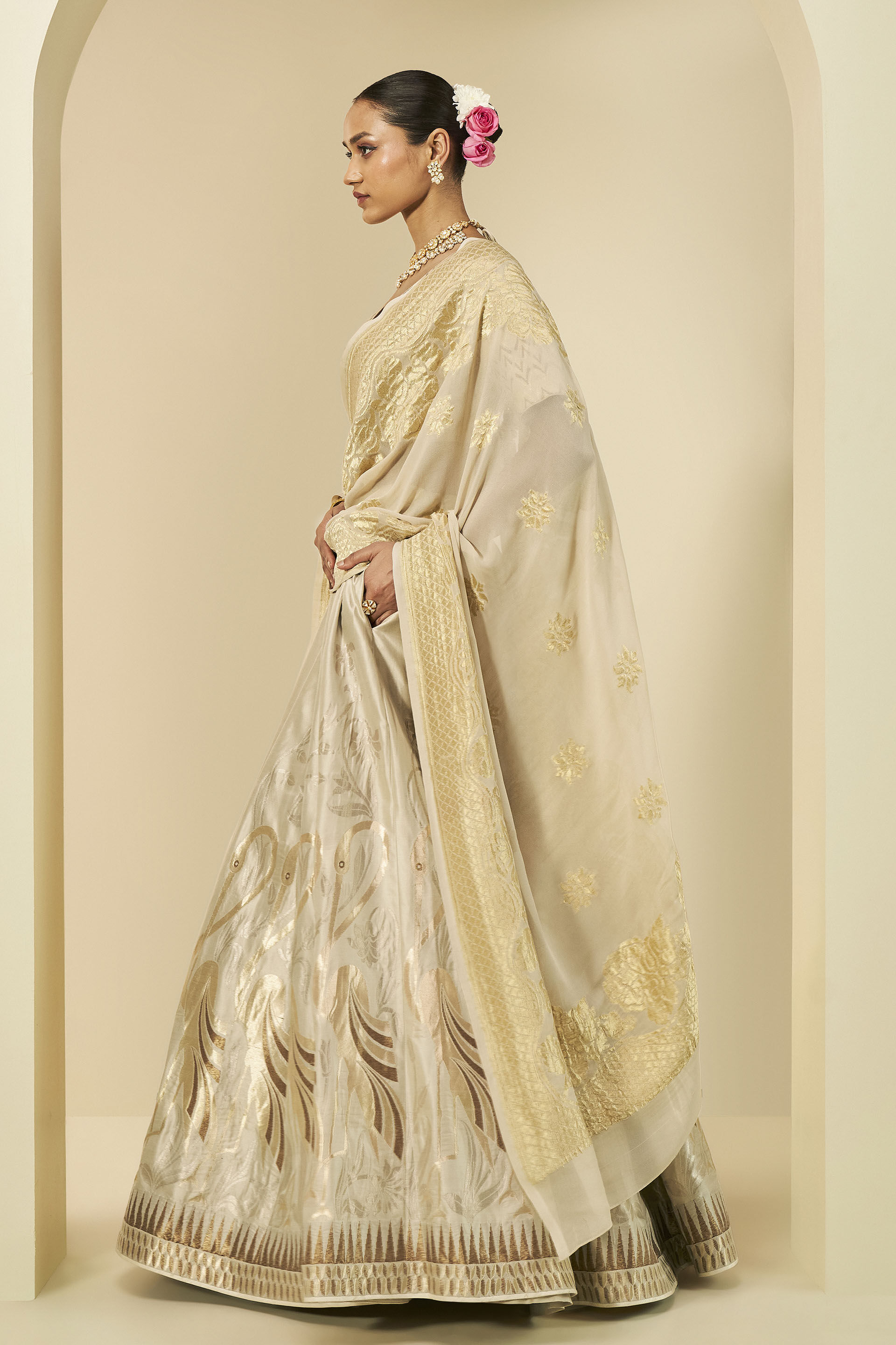 Kehkashan Benarasi Silk Lehanga Set - Gold, Gold, image 2